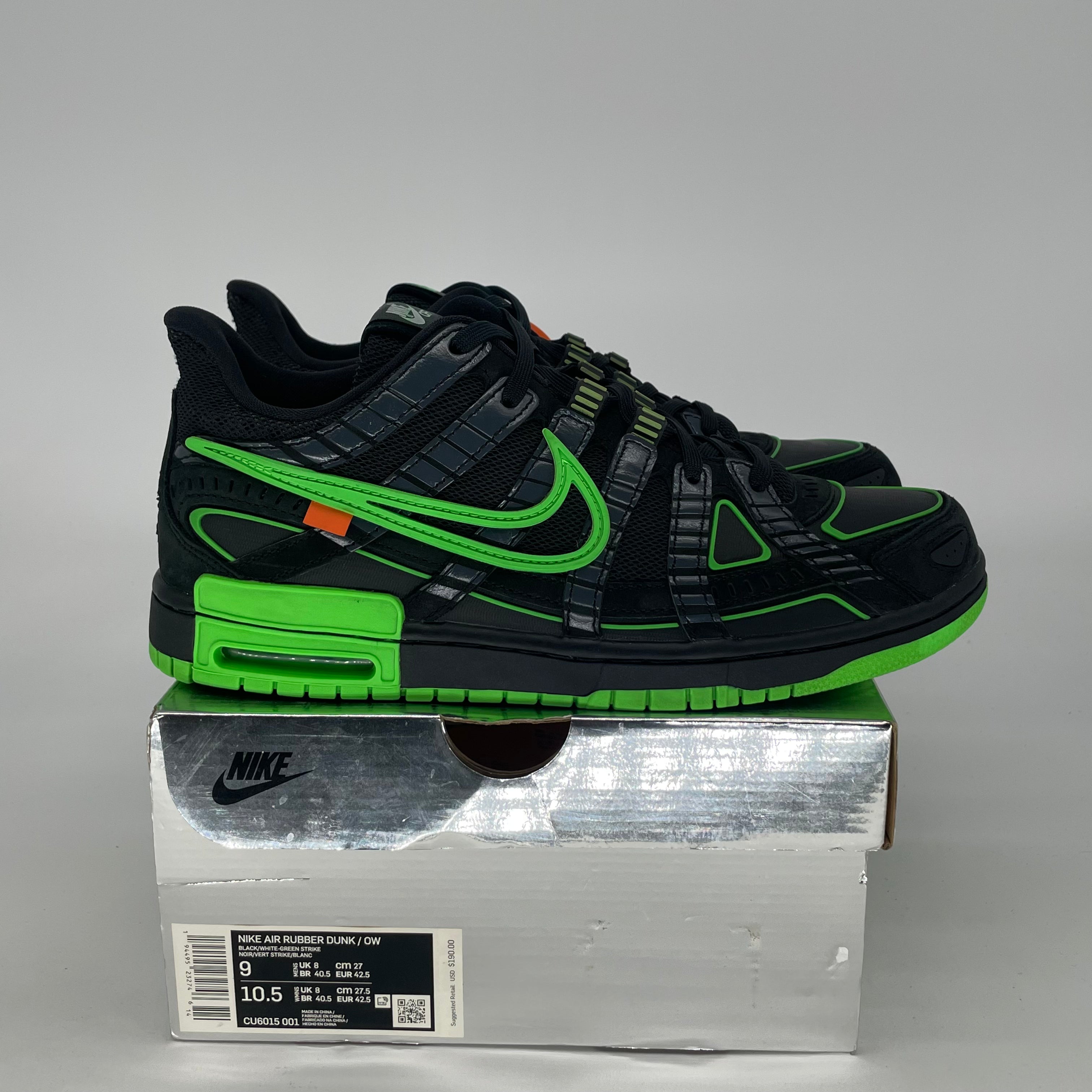 OFF WHITE X NIKE AIR RUBBER DUNK GREEN STRIKE CU6015-001 SIZE 9/10.5W