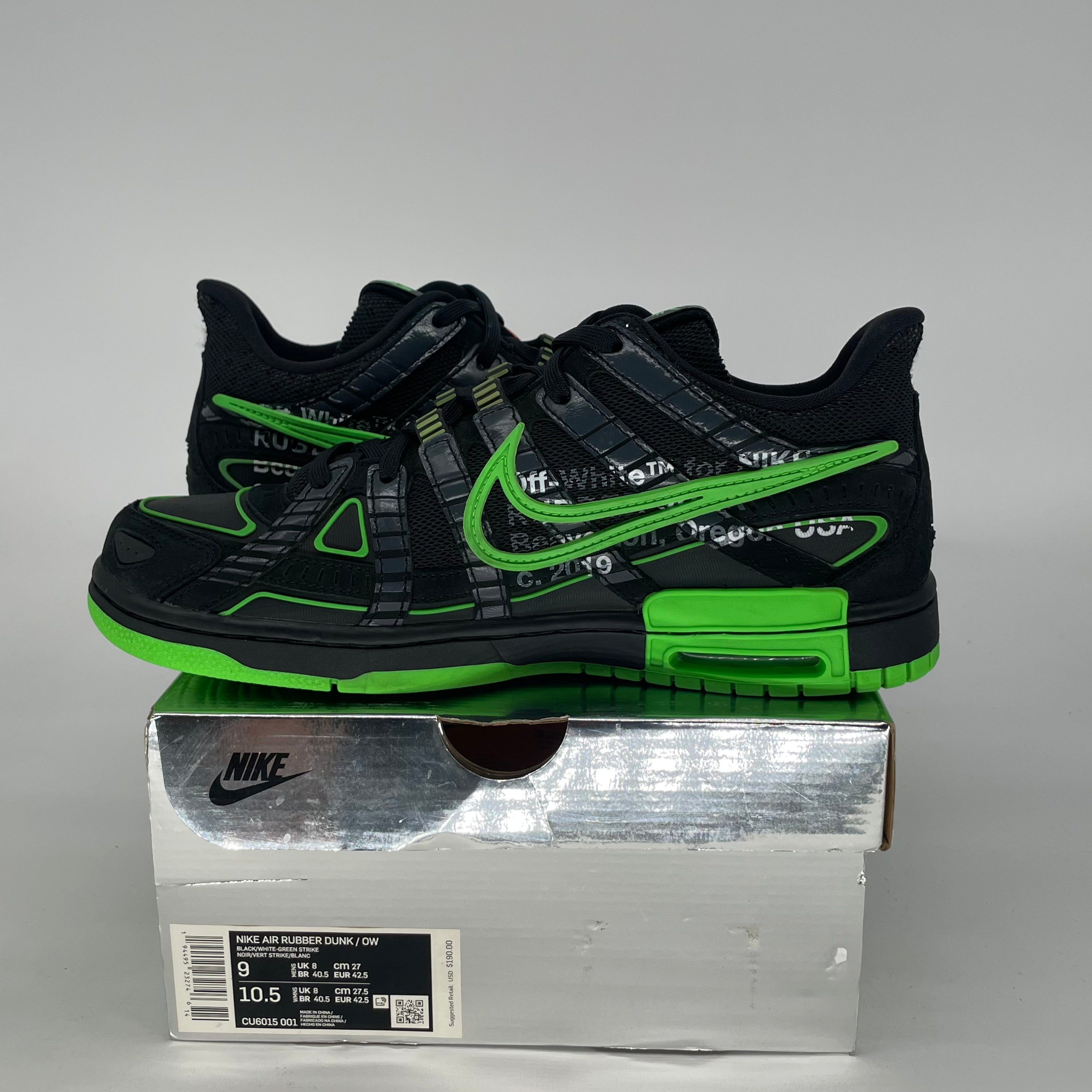 OFF WHITE X NIKE AIR RUBBER DUNK GREEN STRIKE CU6015-001 SIZE 9/10.5W