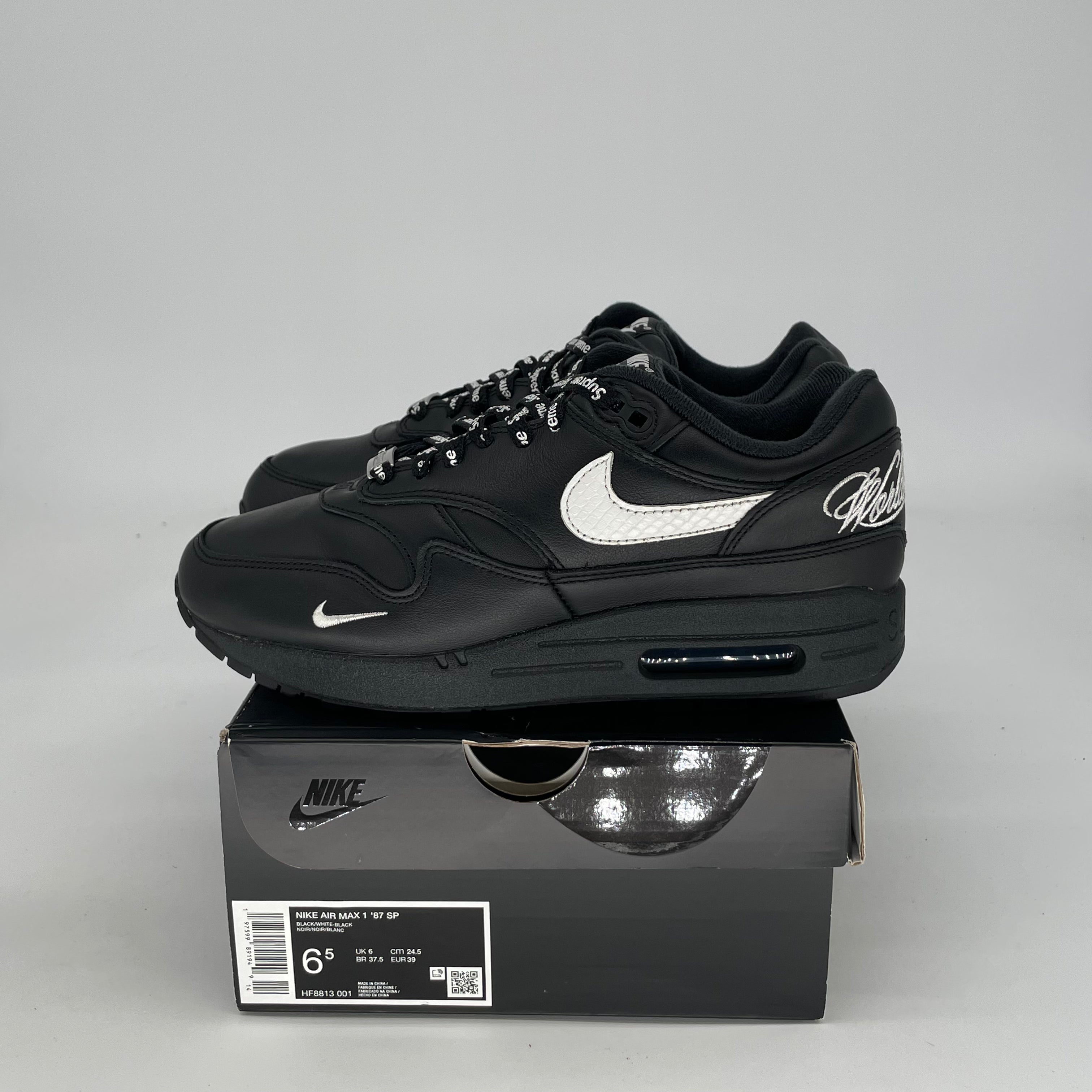 SUPREME X NIKE AIR MAX 1 BLACK WHITE SIZE 6.5/8W HF8813-001