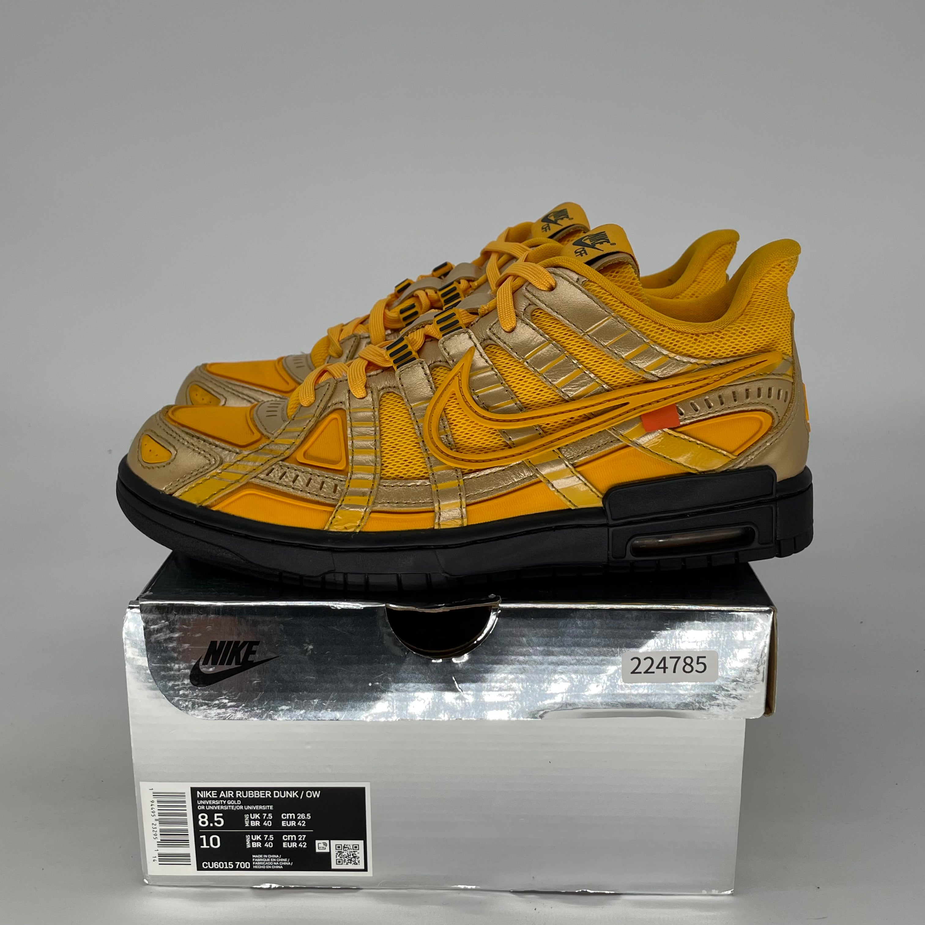 OFF WHITE X NIKE AIR RUBBER DUNK UNIVERSITY GOLD SIZE 8.5/10W CU6015-700
