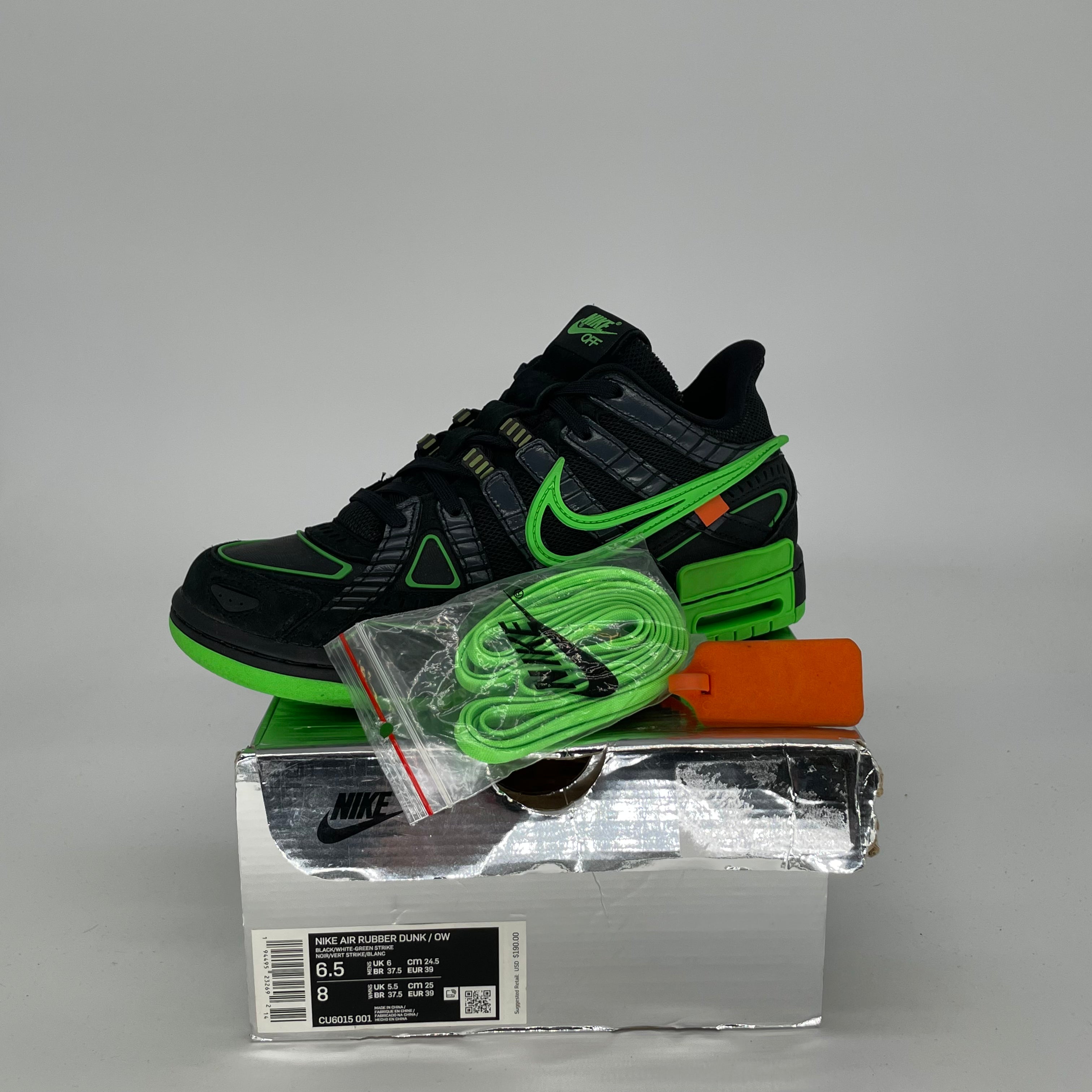 OFF WHITE X NIKE AIR RUBBER DUNK GREEN STRIKE SIZE 6.5/8W CU6015-001