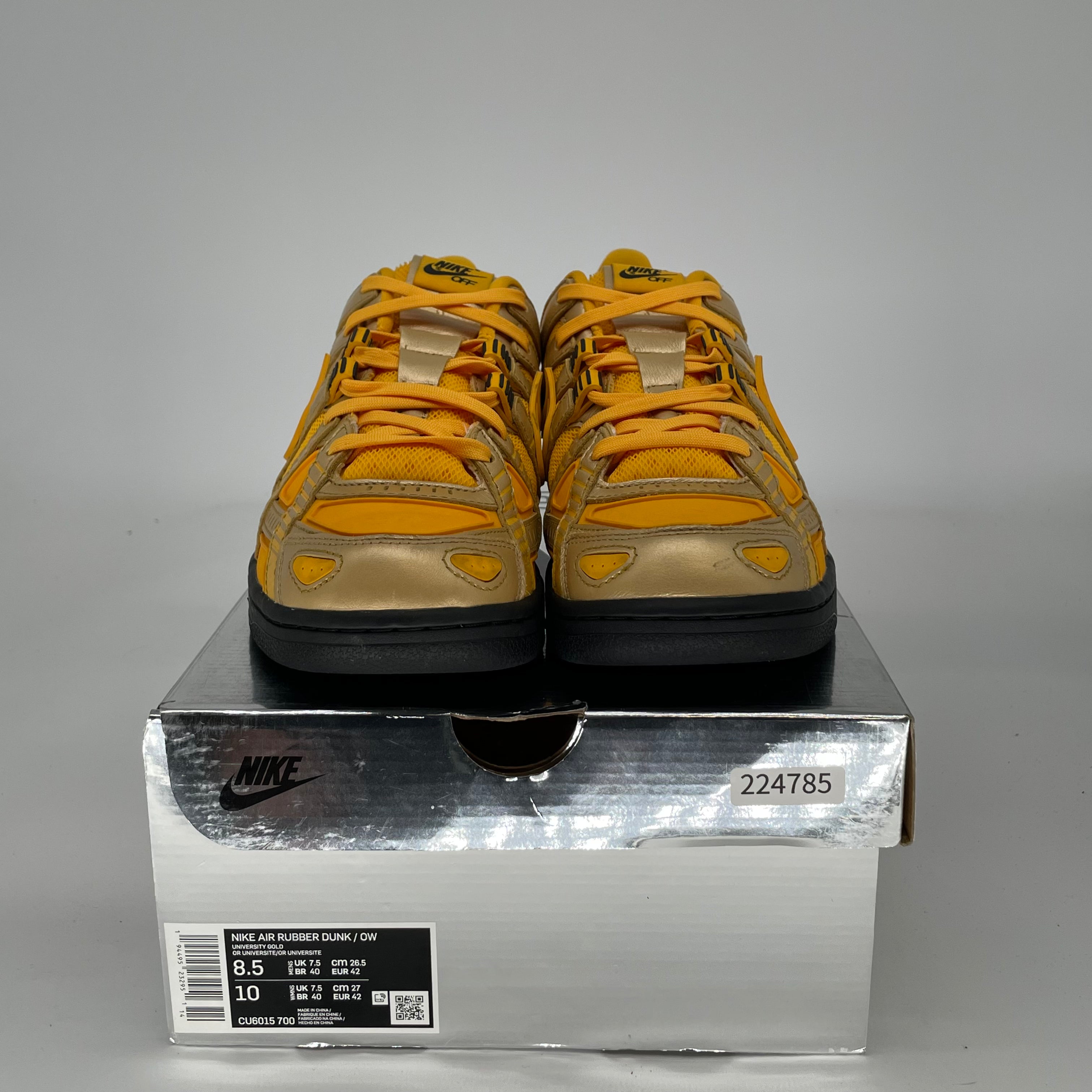 OFF WHITE X NIKE AIR RUBBER DUNK UNIVERSITY GOLD SIZE 8.5/10W CU6015-700