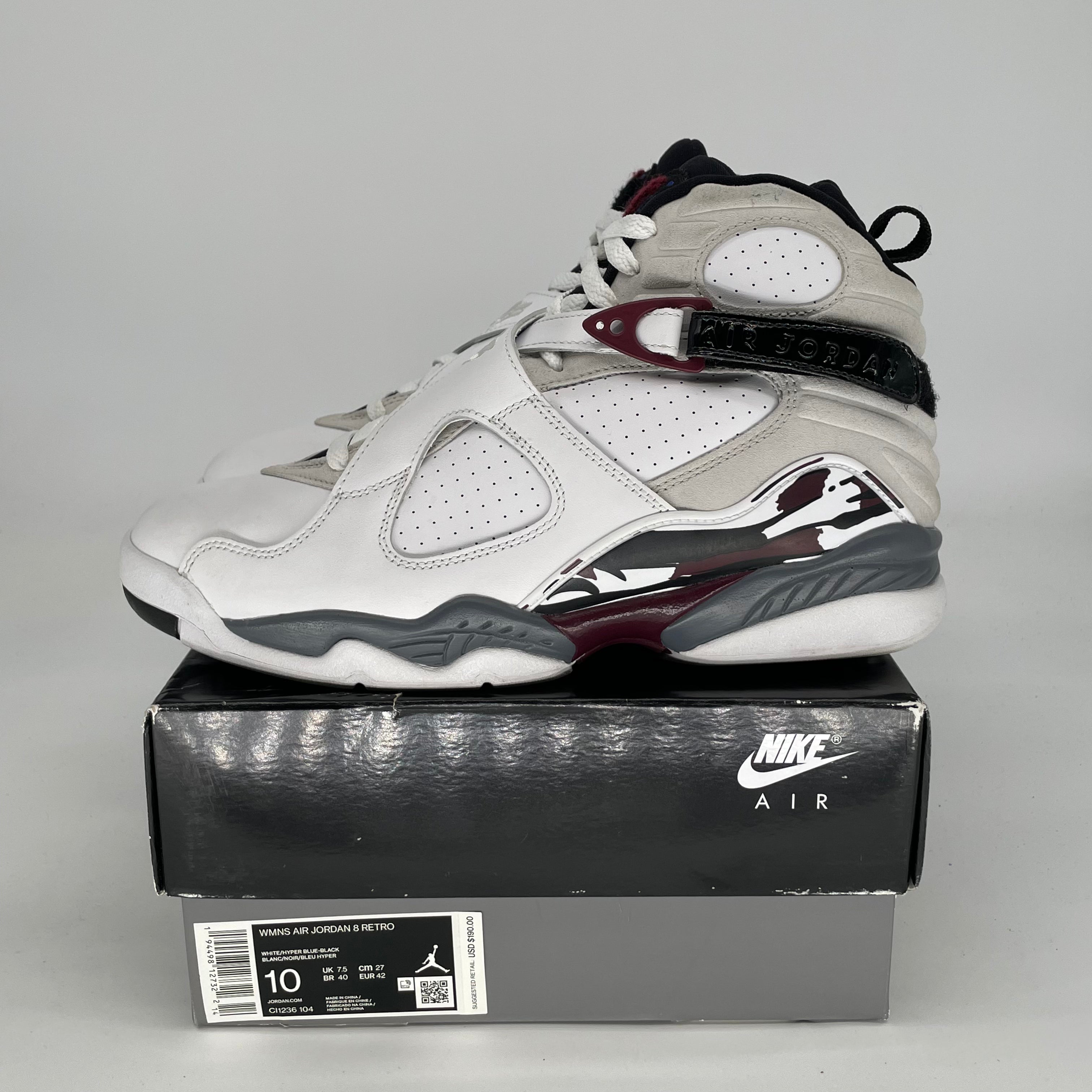 AIR JORDAN 8 WHITE BURGUNDY W SIZE 8.5/10W CI1236-104