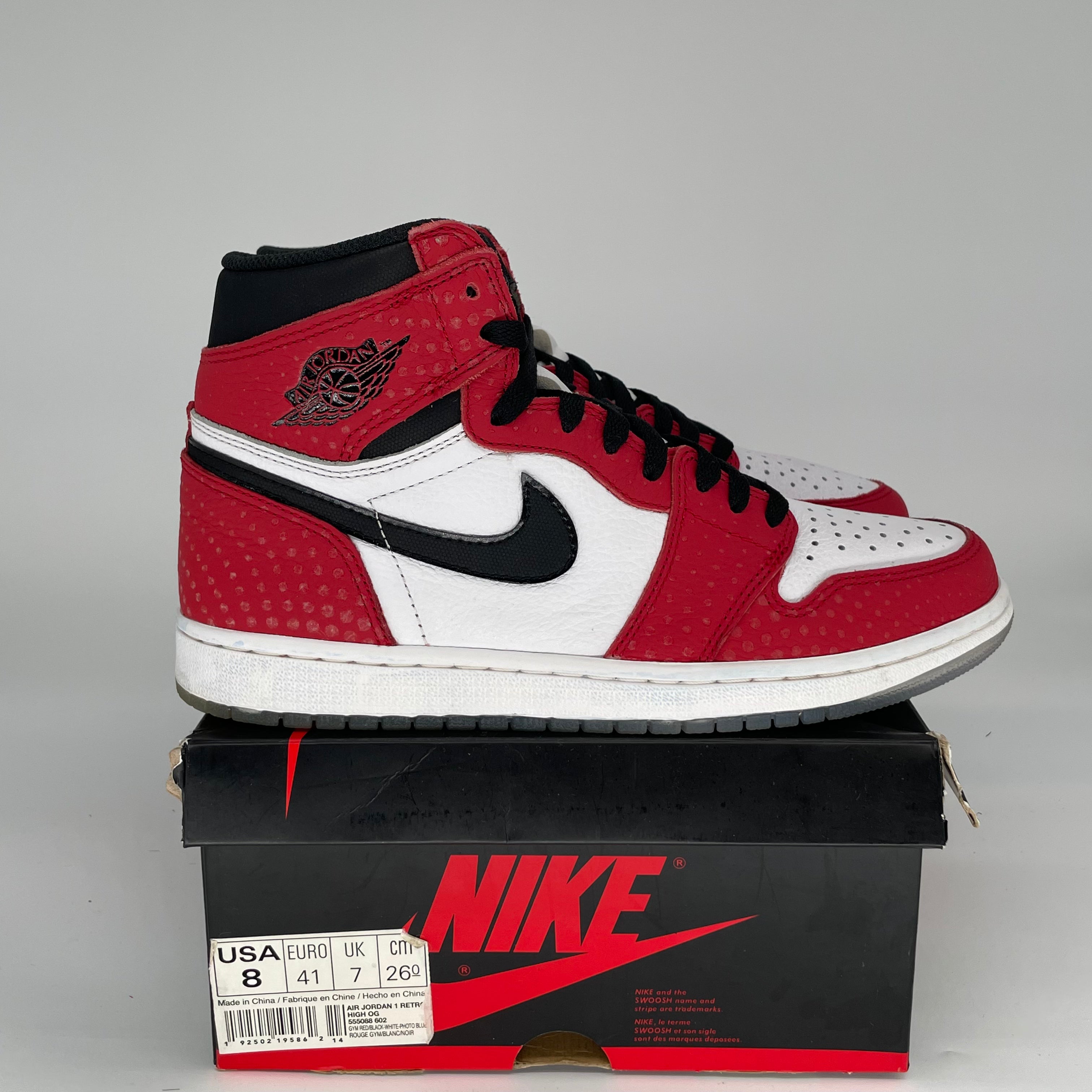 AIR JORDAN 1 SPIDER MAN ORIGIN STORY SIZE 8/9.5W 555088-602