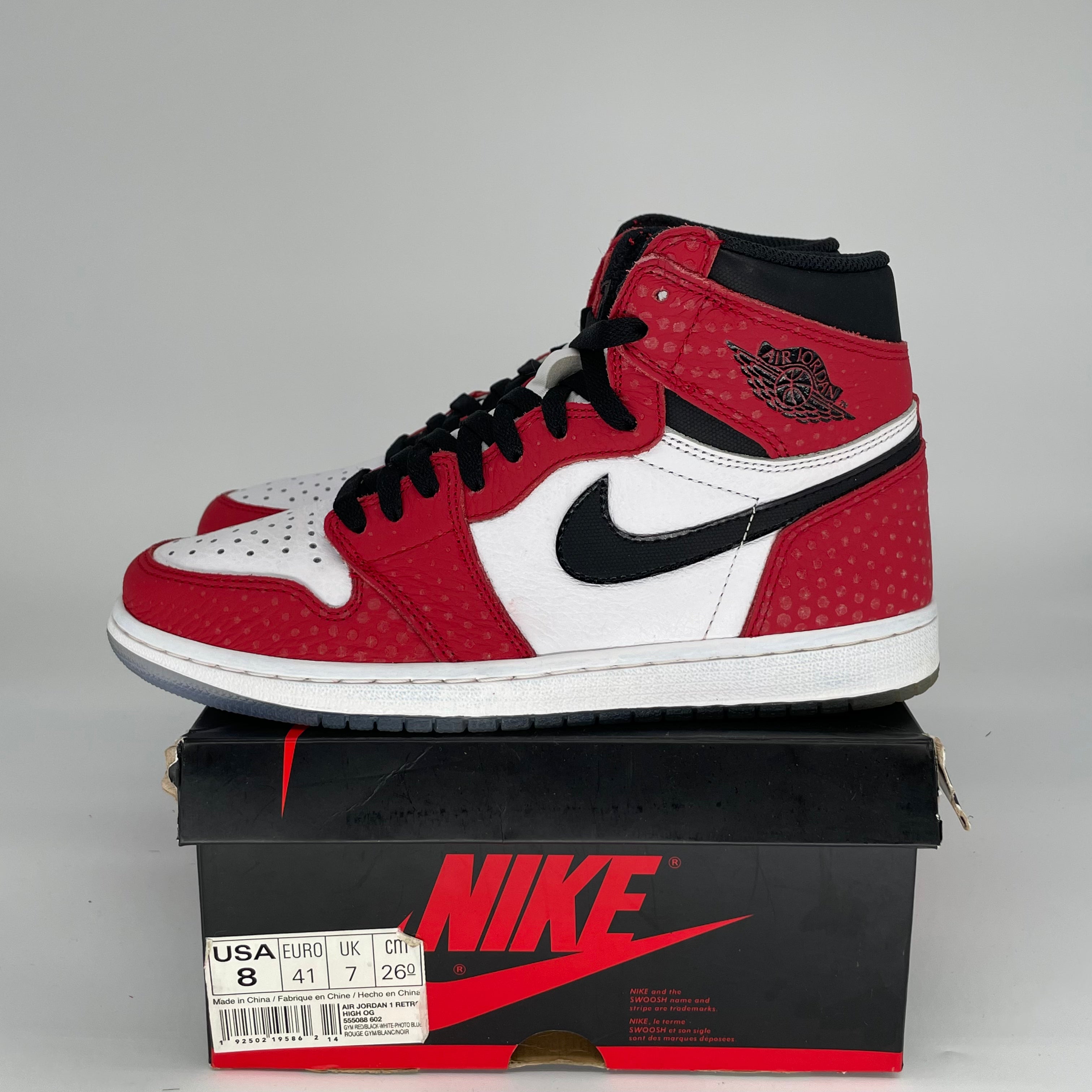 AIR JORDAN 1 SPIDER MAN ORIGIN STORY SIZE 8/9.5W 555088-602