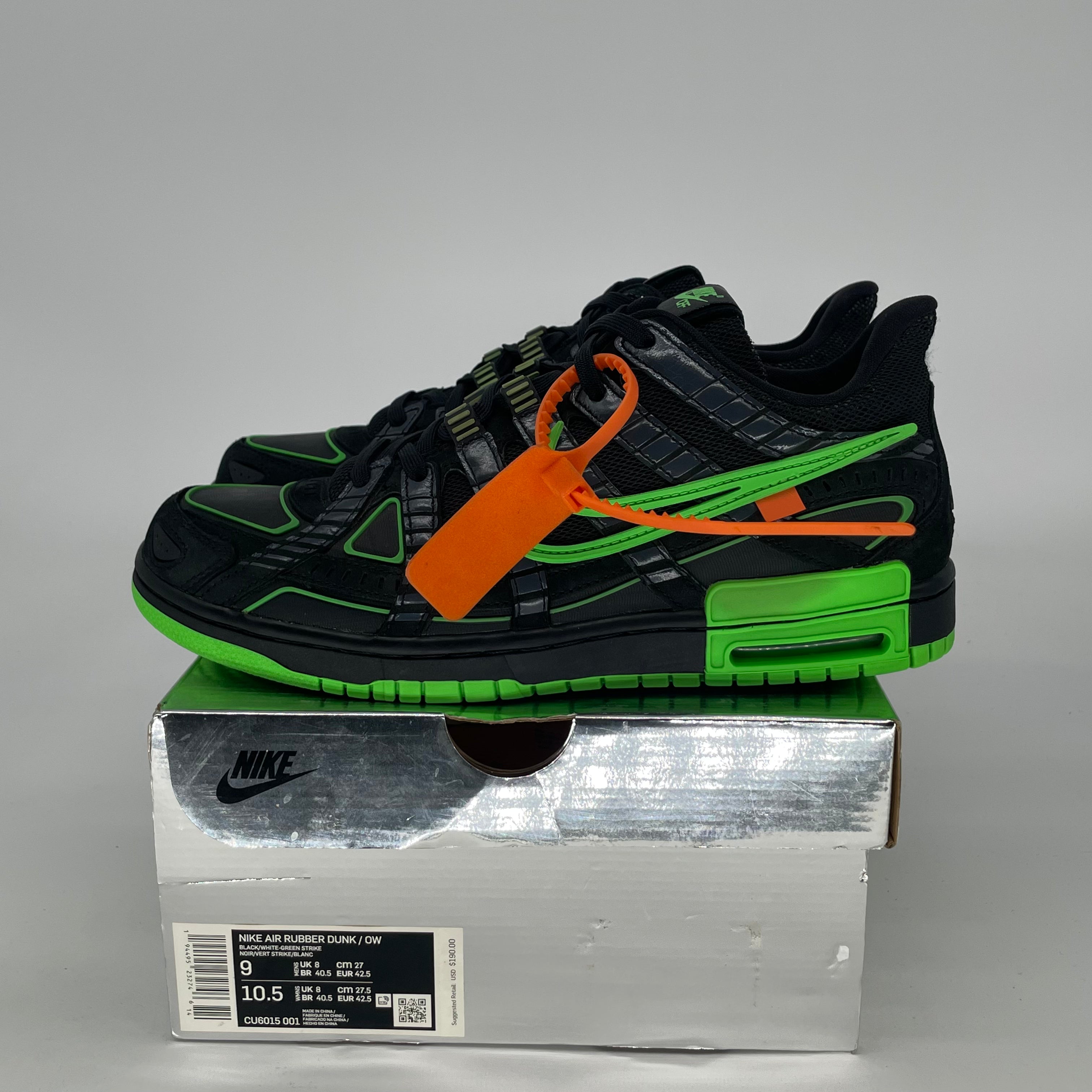 OFF WHITE X NIKE AIR RUBBER DUNK GREEN STRIKE CU6015-001 SIZE 9/10.5W