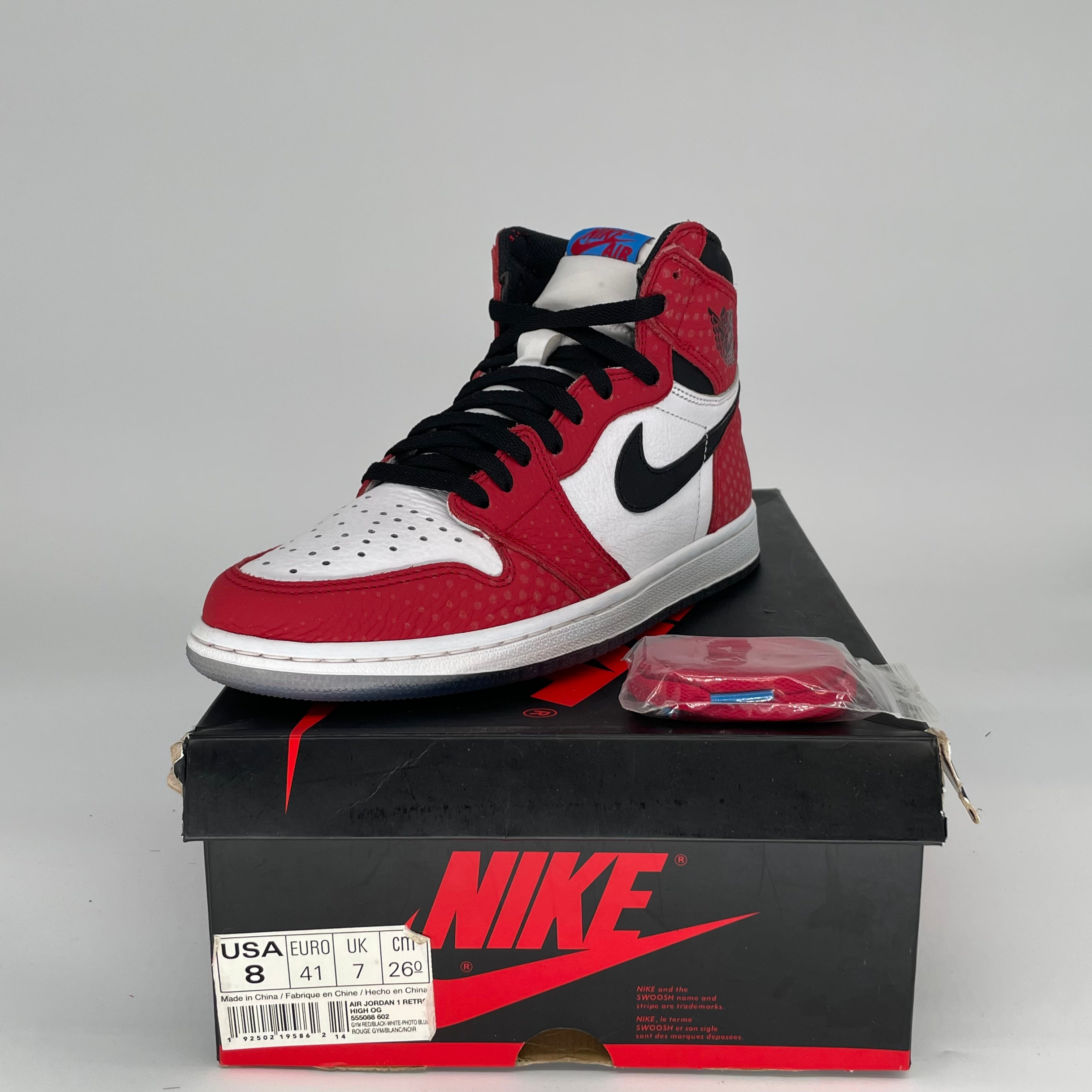 AIR JORDAN 1 SPIDER MAN ORIGIN STORY SIZE 8/9.5W 555088-602