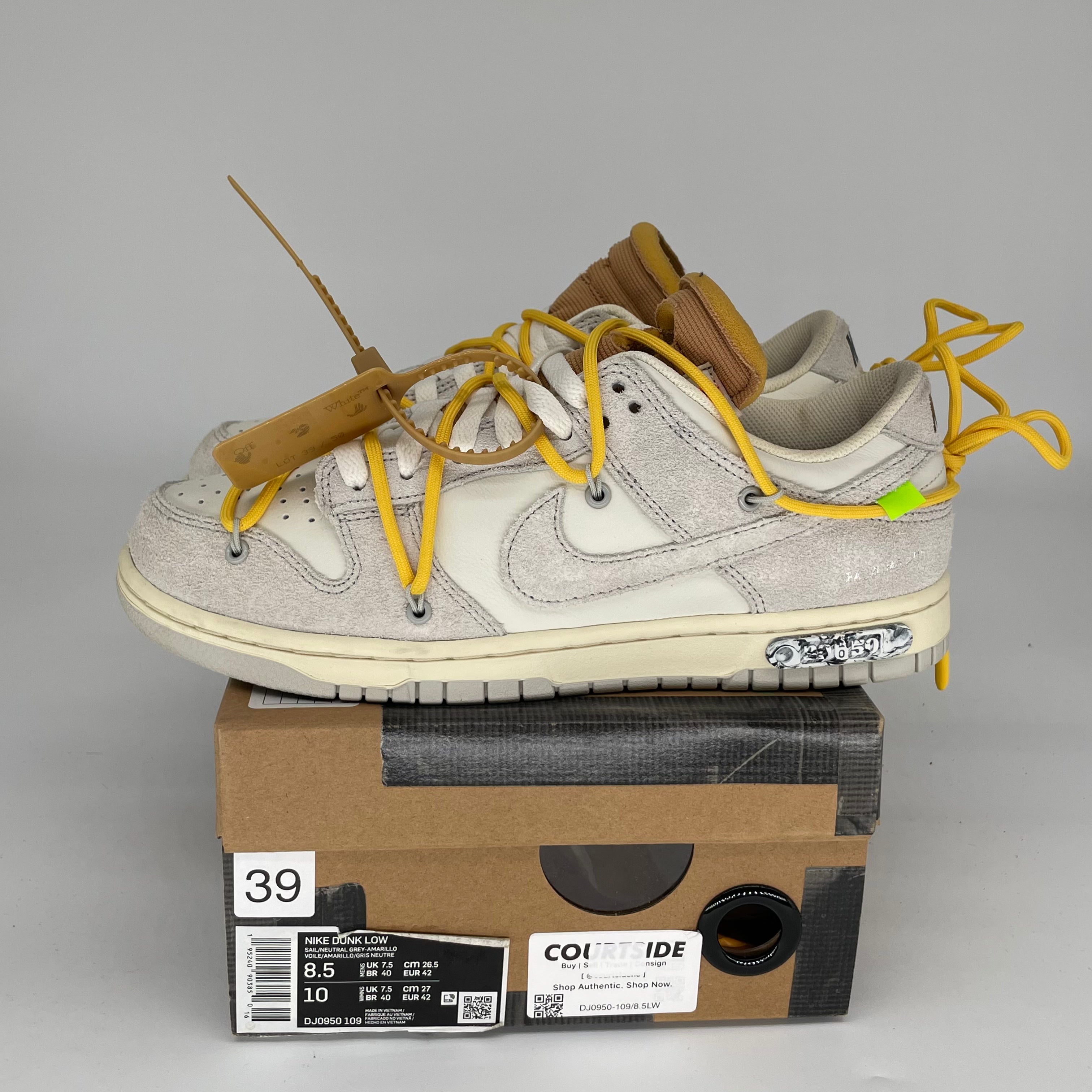 NIKE DUNK LOW OFF WHITE LOT 39 SIZE 8.5 DJ0950-109