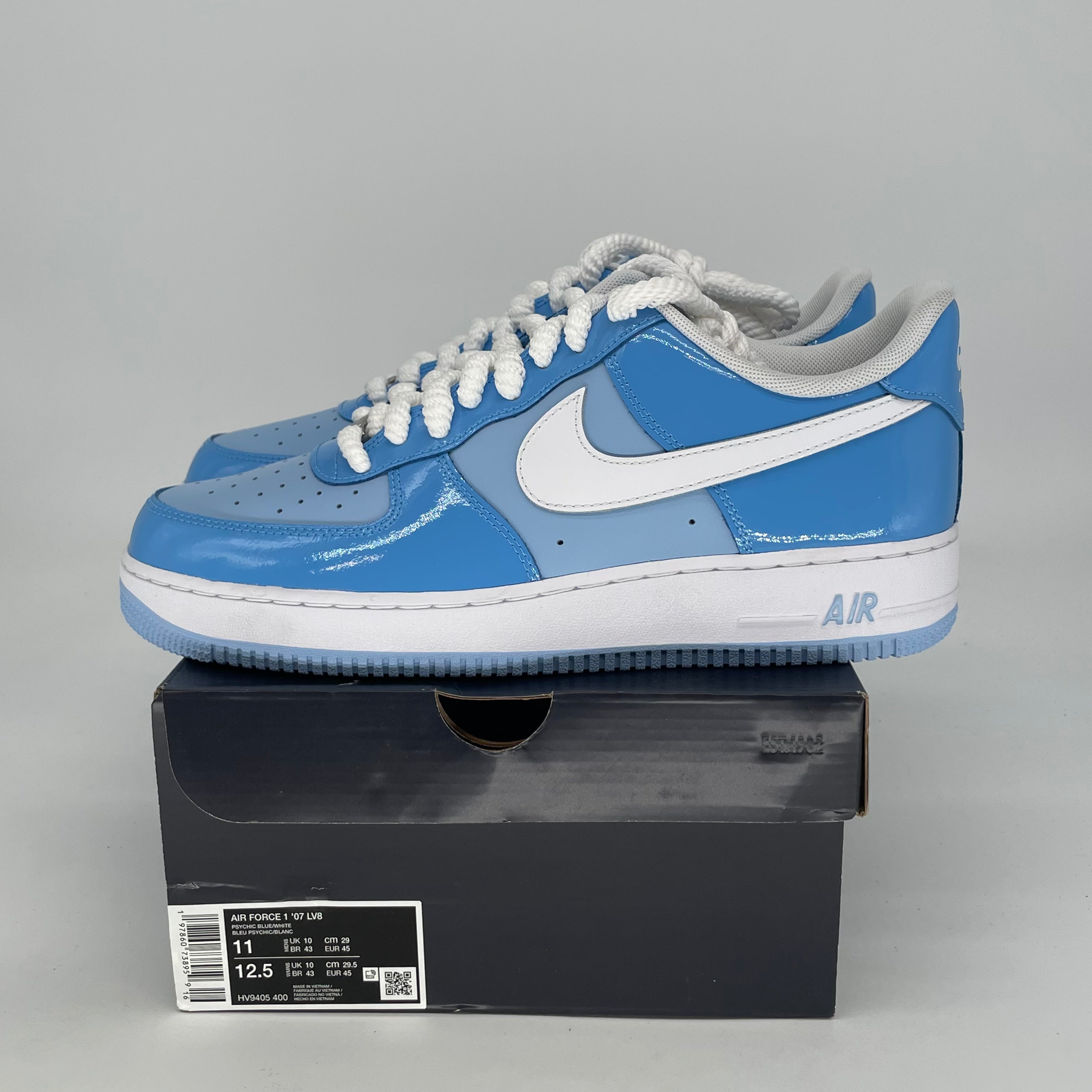 NIKE AIR FORCE 1 LOW PHYCHIC BLUE WHITE PATENT HV9405-400 SIZE 11/12.5W