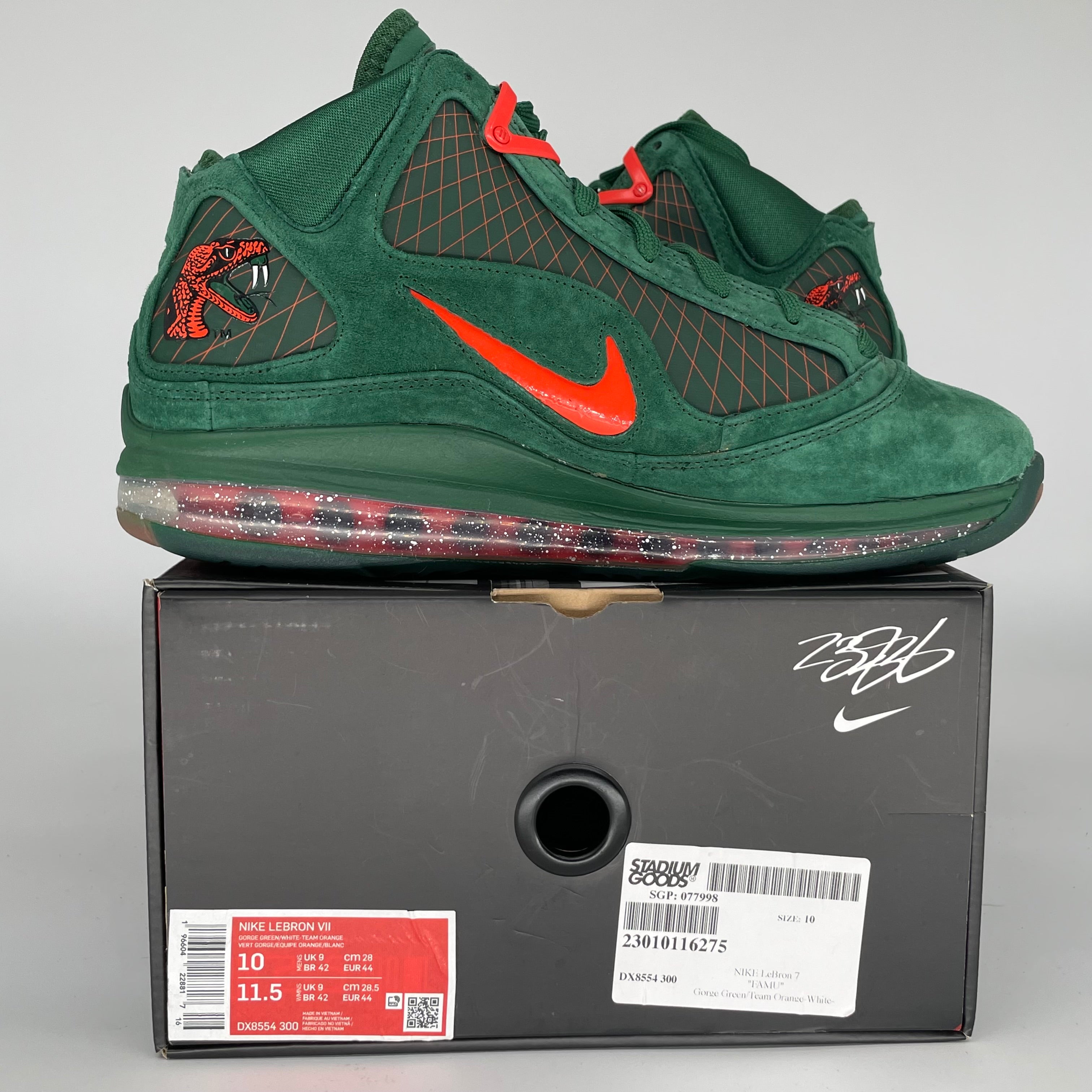 NIKE LEBRON 7 FAMU GORGE GREEN SIZE 10 DX8554-300