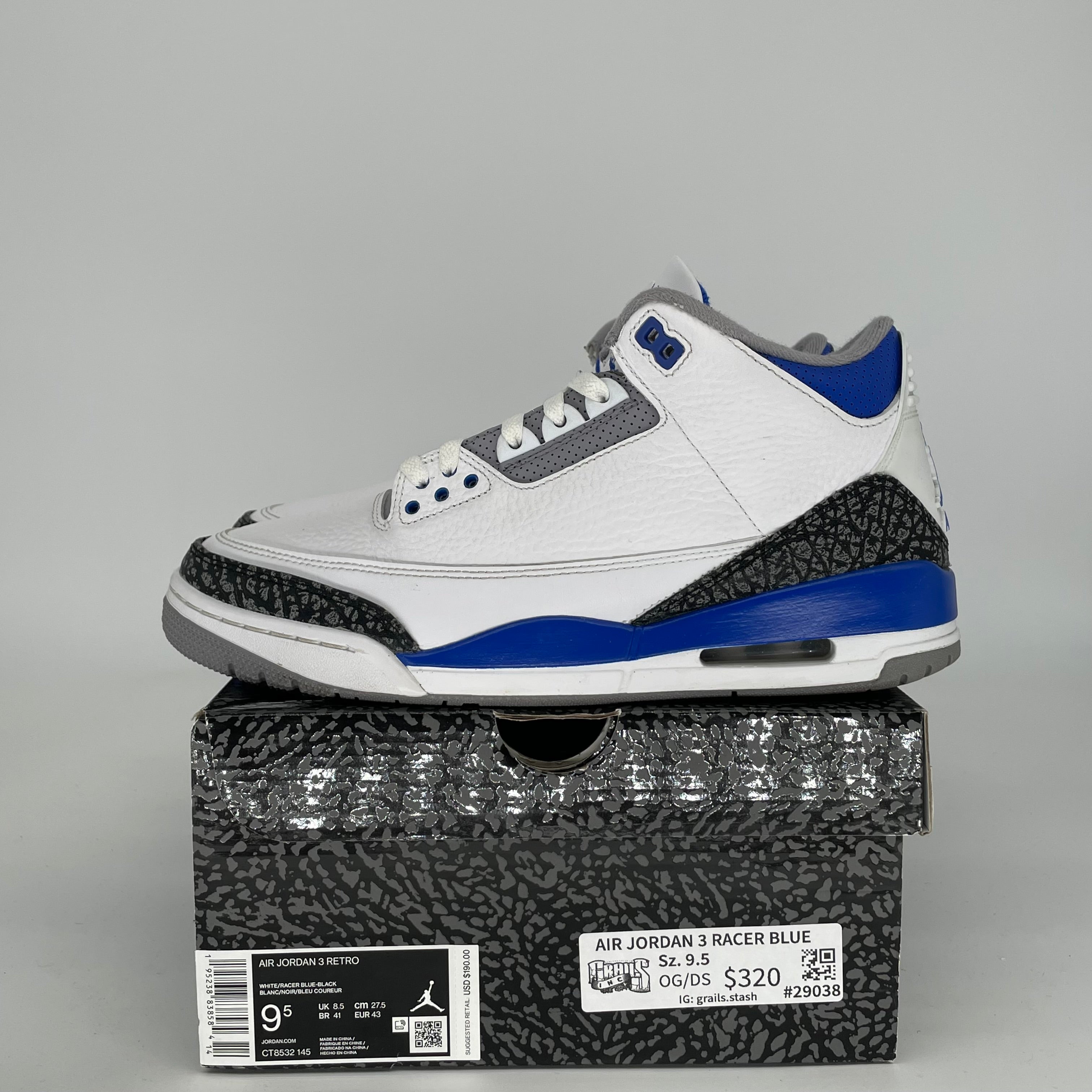 AIR JORDAN 3 RACER BLUE SIZE 9.5 CT8532-145