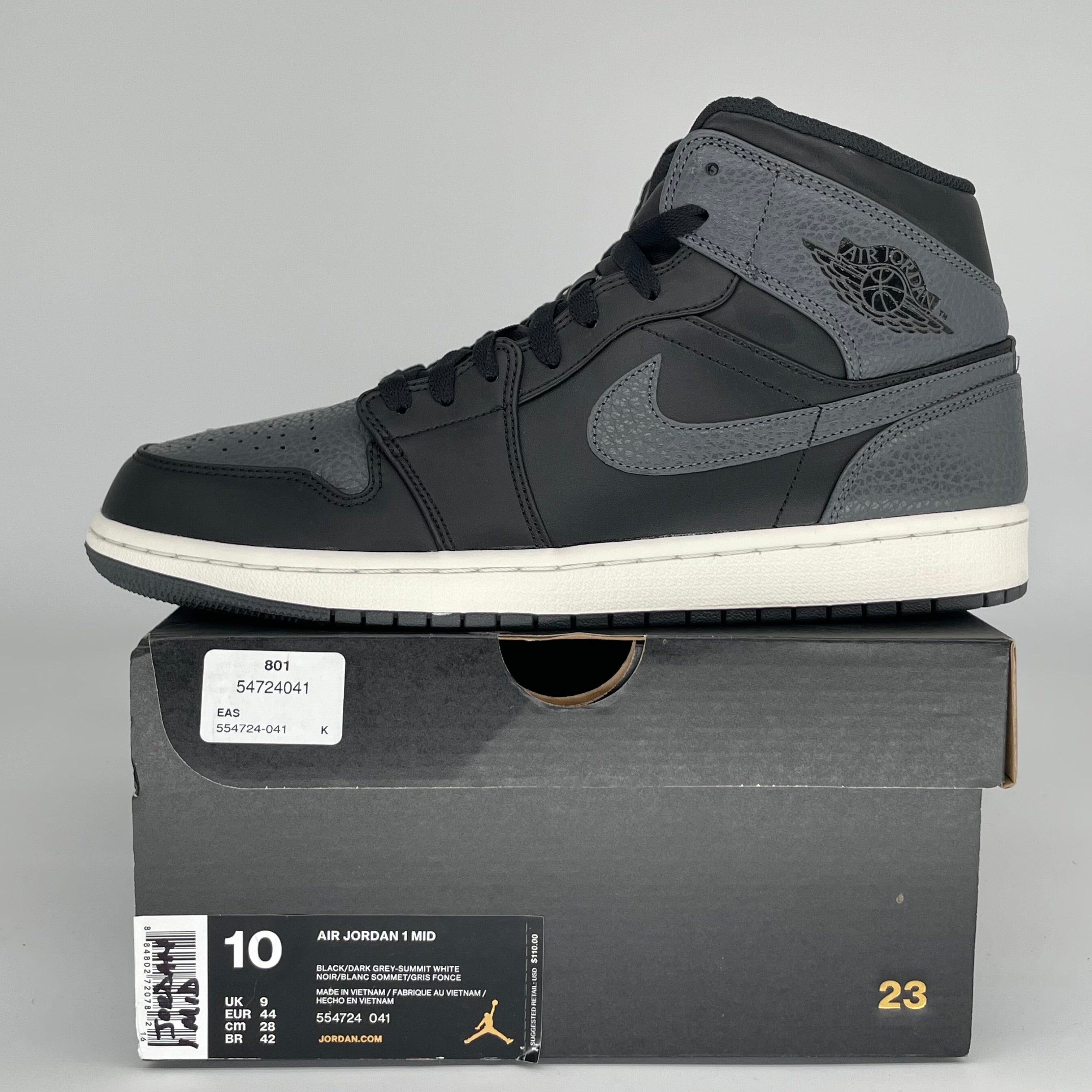 AIR JORDAN 1 MID BLACK DARK GREY SIZE 10 554724-041