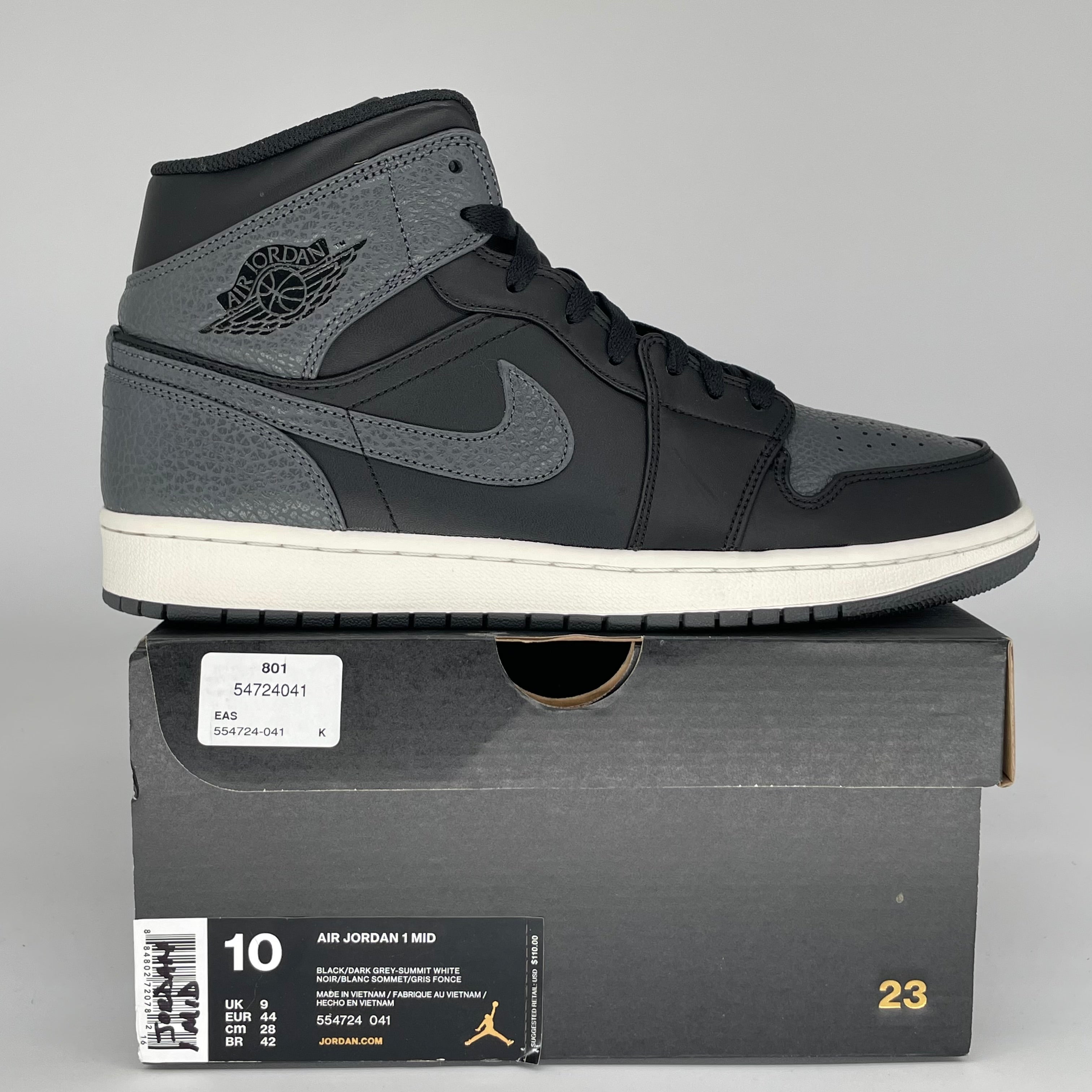 AIR JORDAN 1 MID BLACK DARK GREY SIZE 10 554724-041