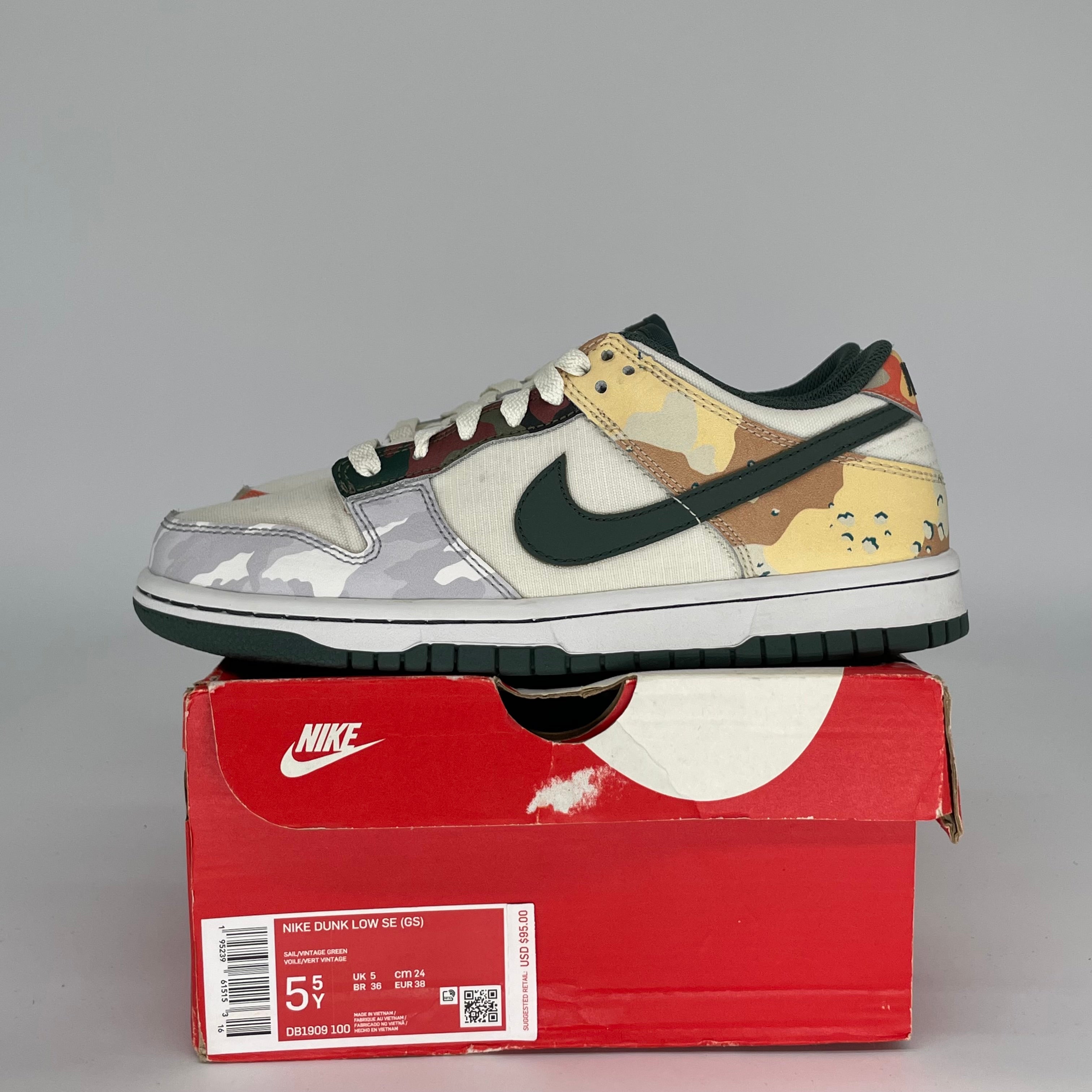 NIKE DUNK LOW SAIL MULTI CAMO SIZE 5.5Y DB1909-100