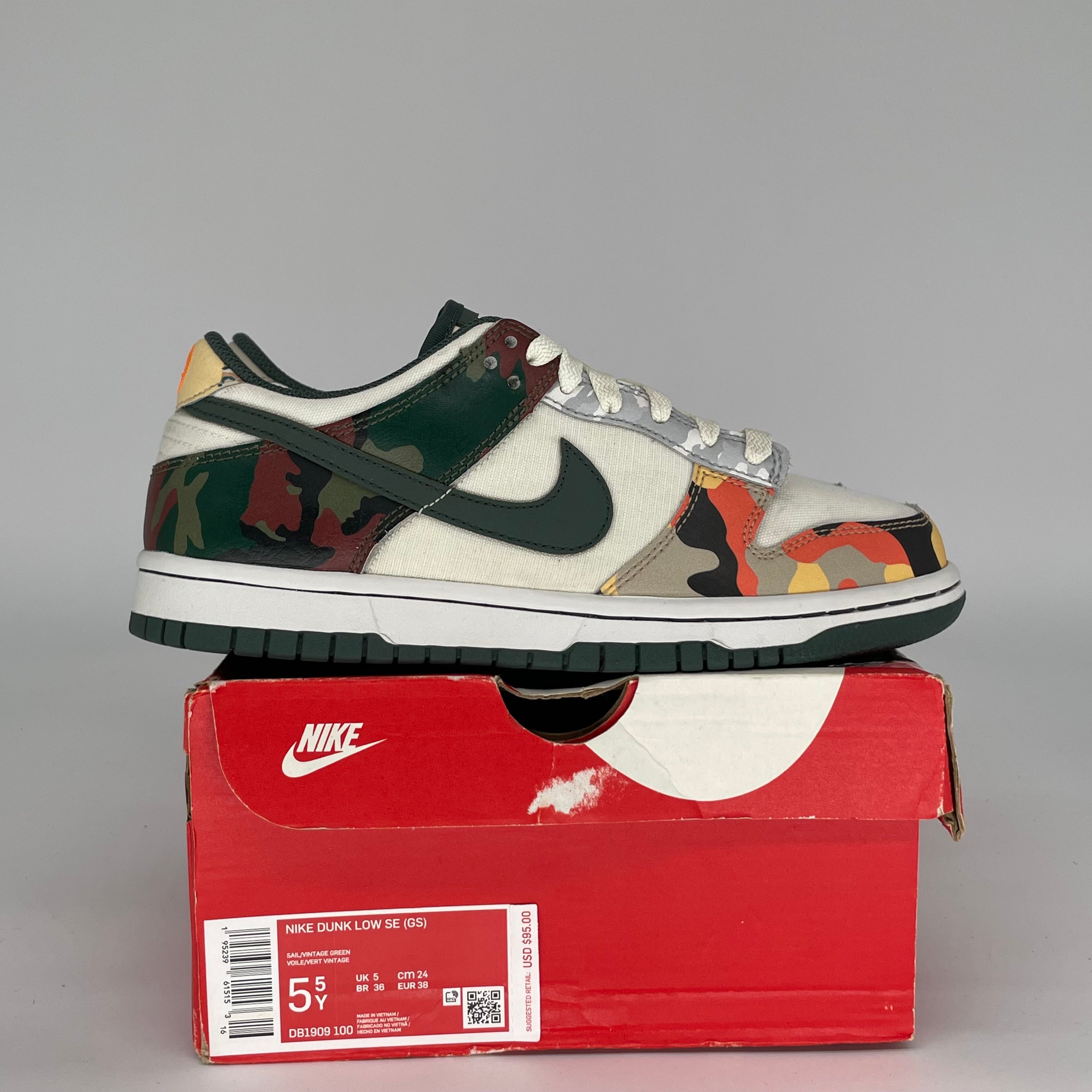 NIKE DUNK LOW SAIL MULTI CAMO SIZE 5.5Y DB1909-100