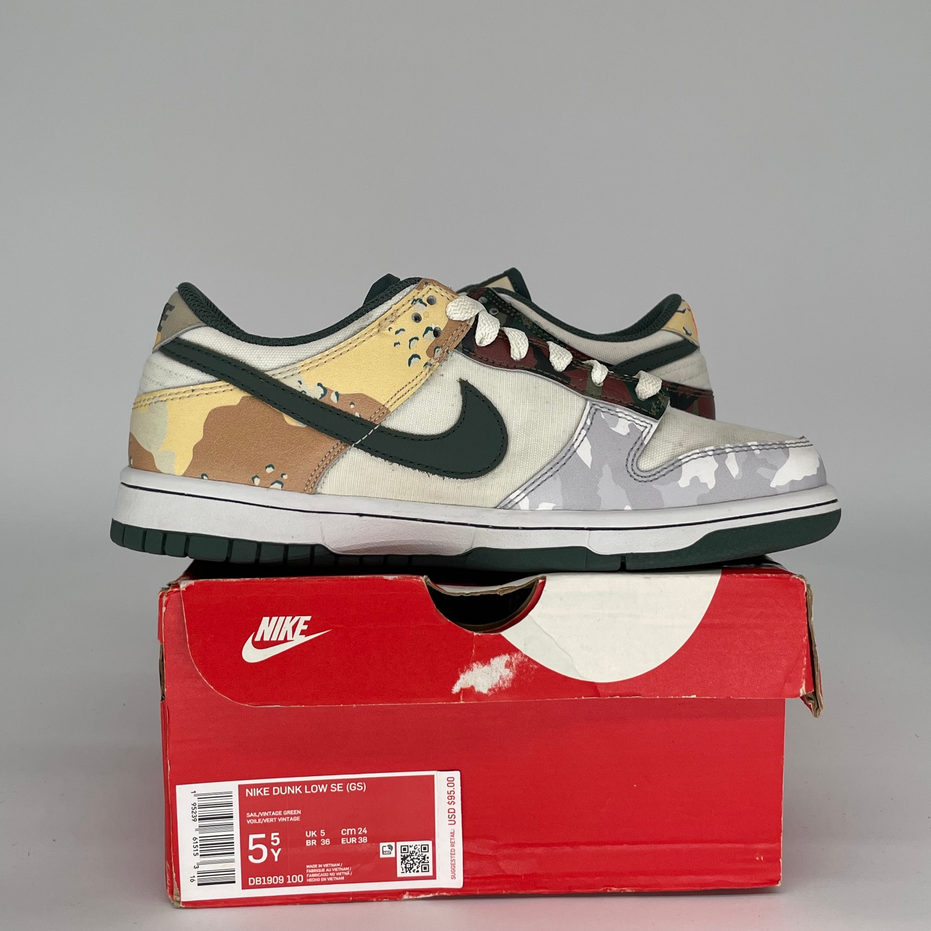 NIKE DUNK LOW SAIL MULTI CAMO SIZE 5.5Y DB1909-100