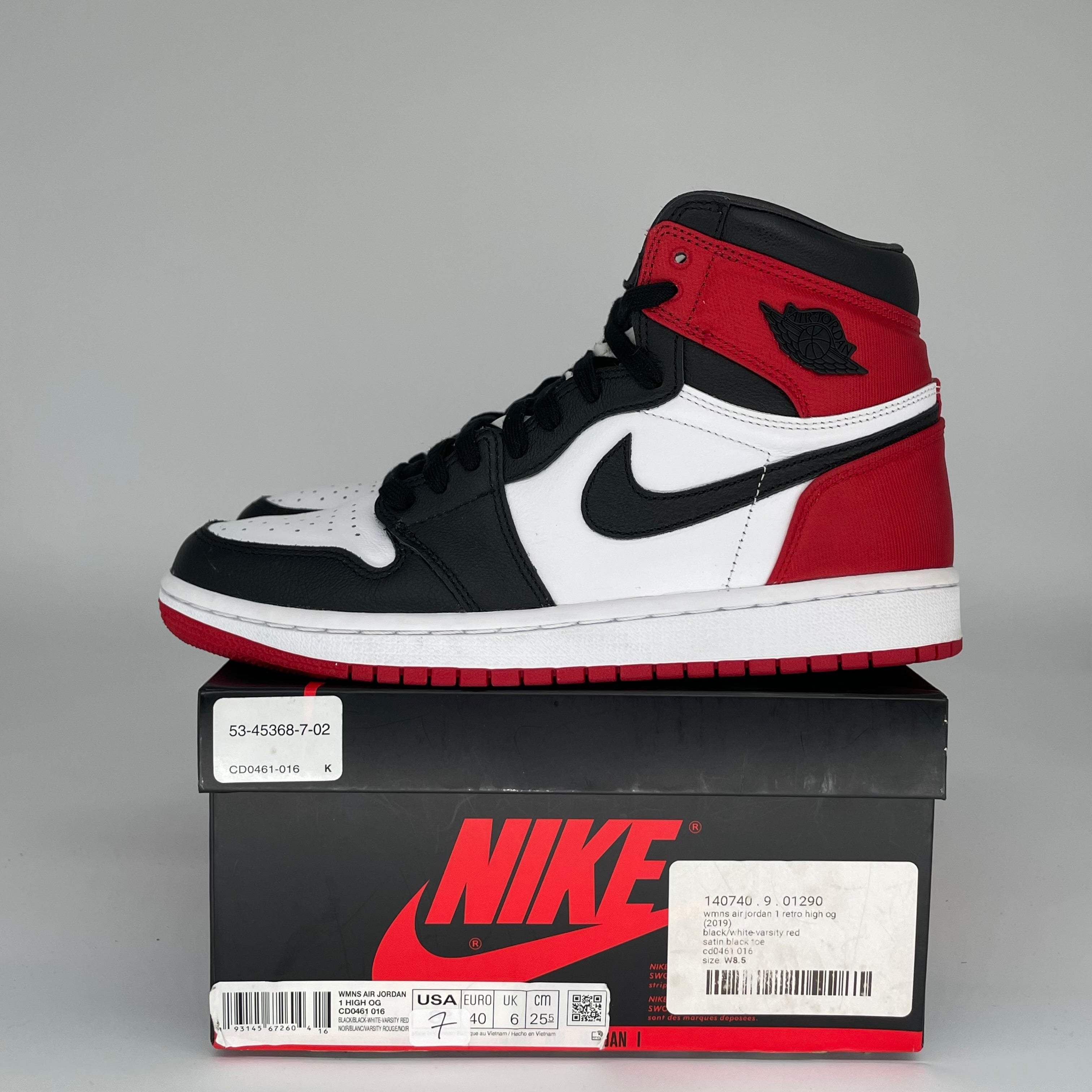 AIR JORDAN 1 SATIN BLACK TOE W SIZE 7/8.5W CD0461-016