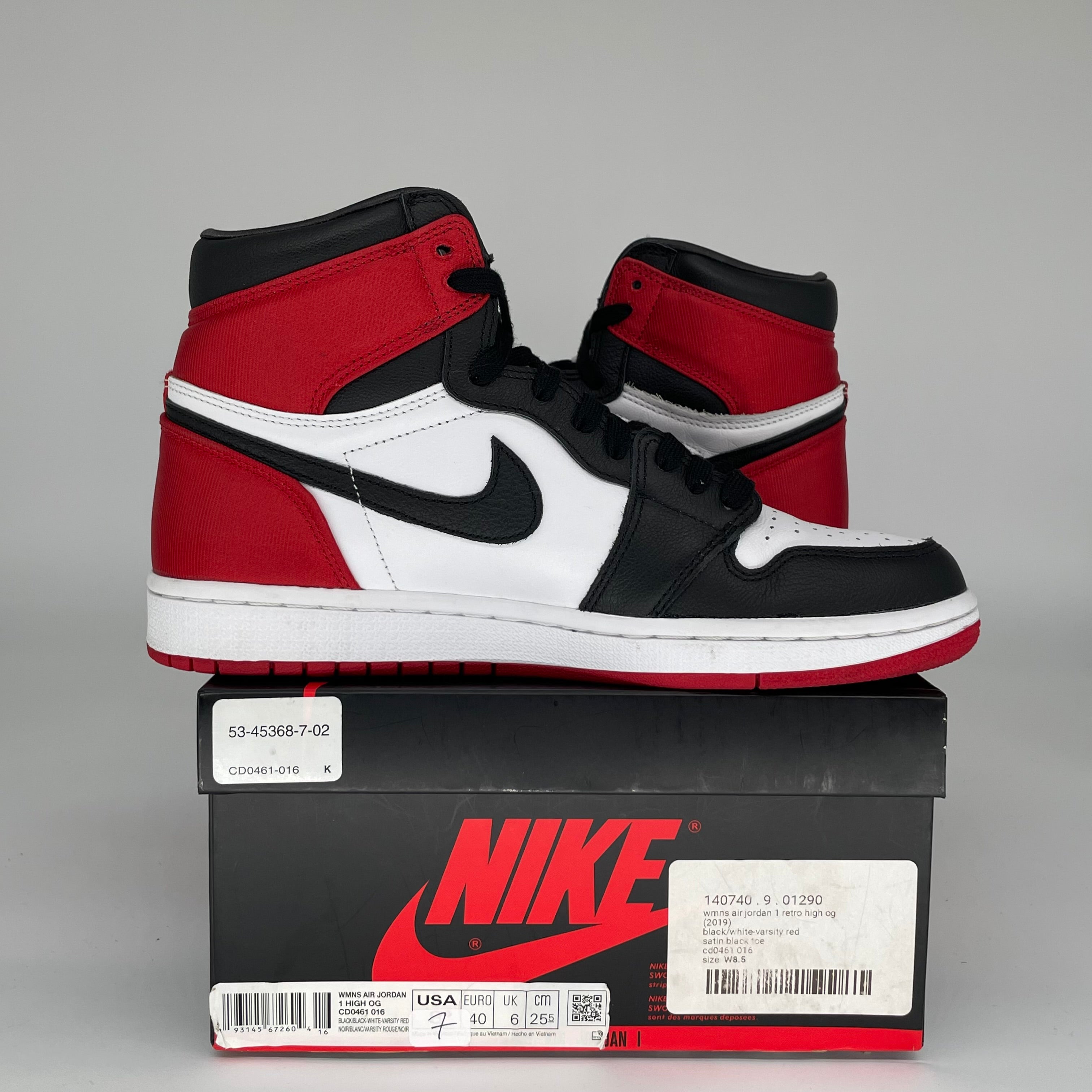 AIR JORDAN 1 SATIN BLACK TOE W SIZE 7/8.5W CD0461-016