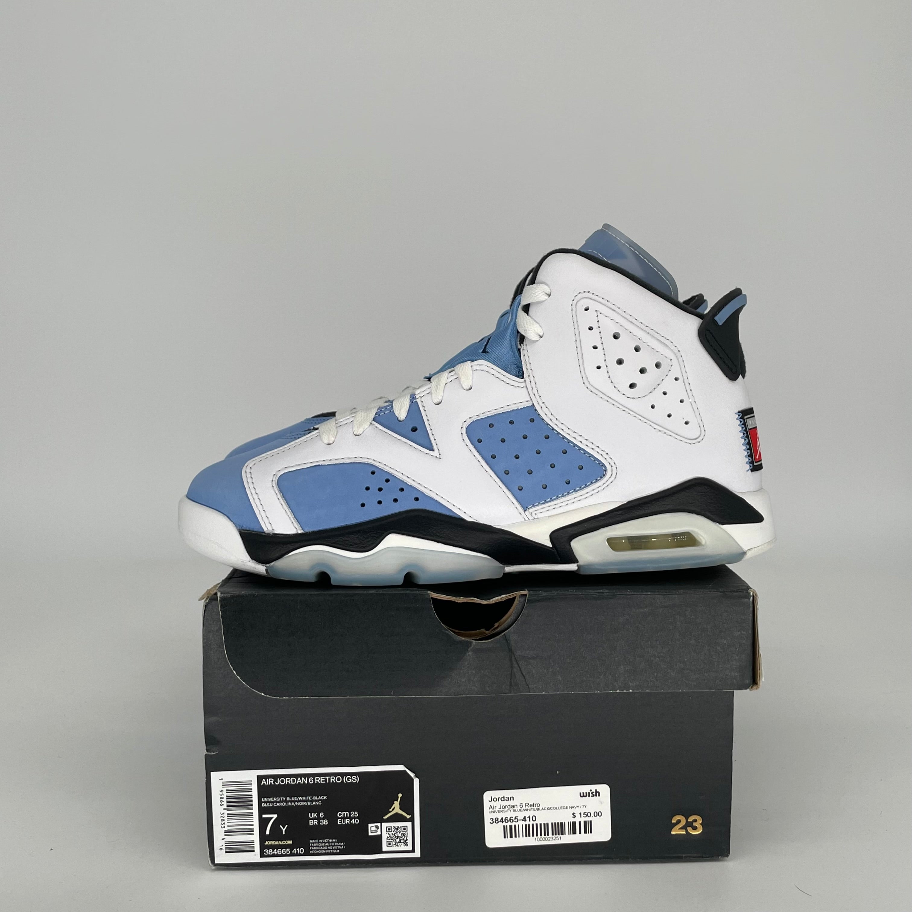 AIR JORDAN 6 UNC SIZE 7Y 384665-410