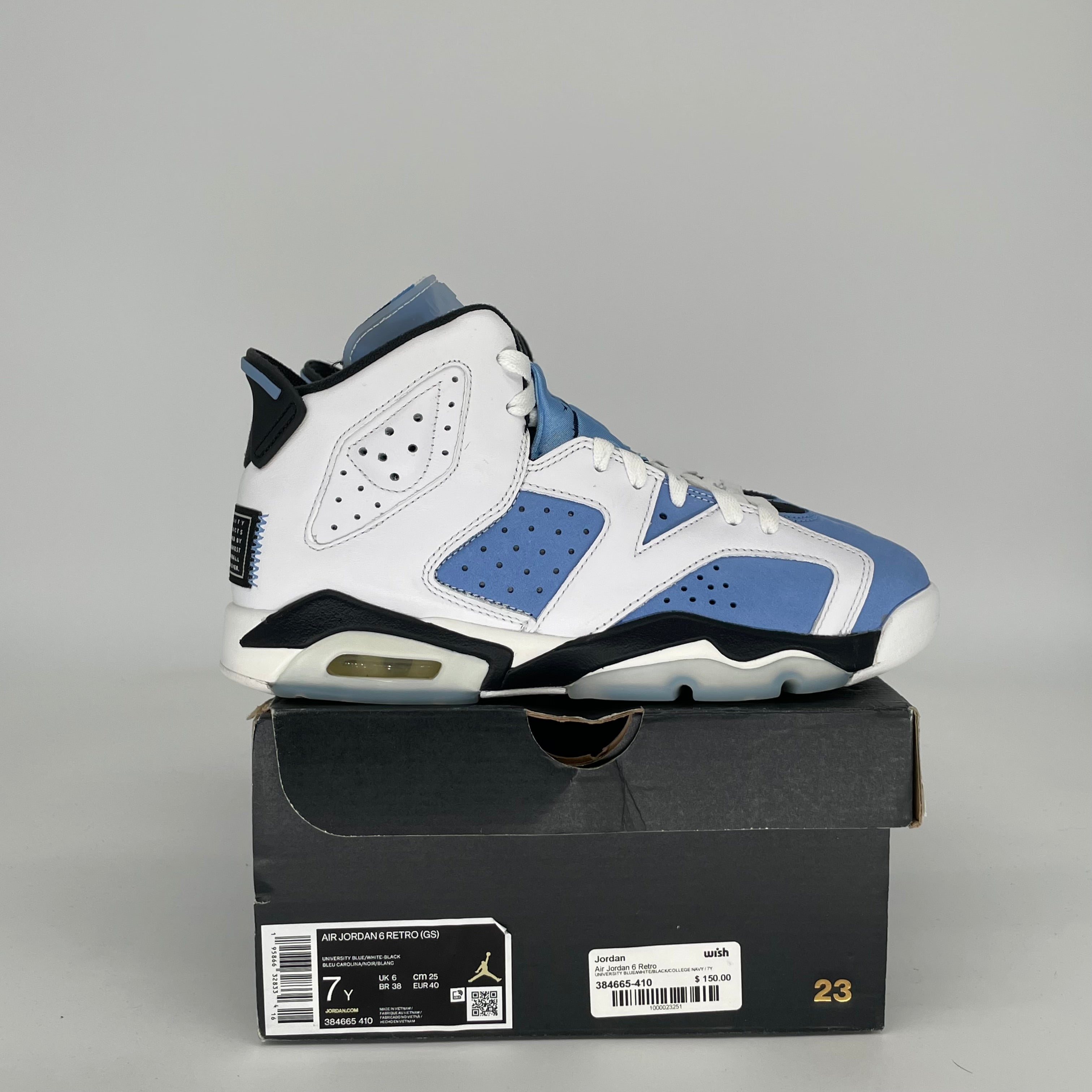 AIR JORDAN 6 UNC SIZE 7Y 384665-410