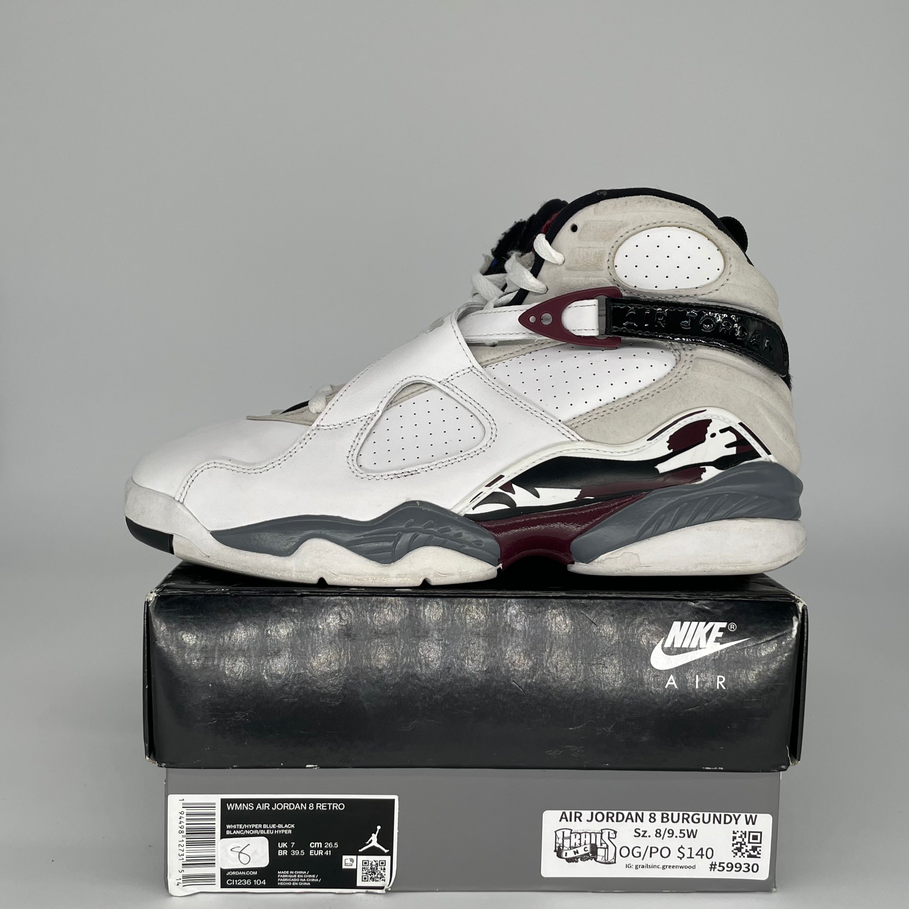 AIR JORDAN 8 WHITE BURGUNDY W SIZE 8/9.5W CO1236-104