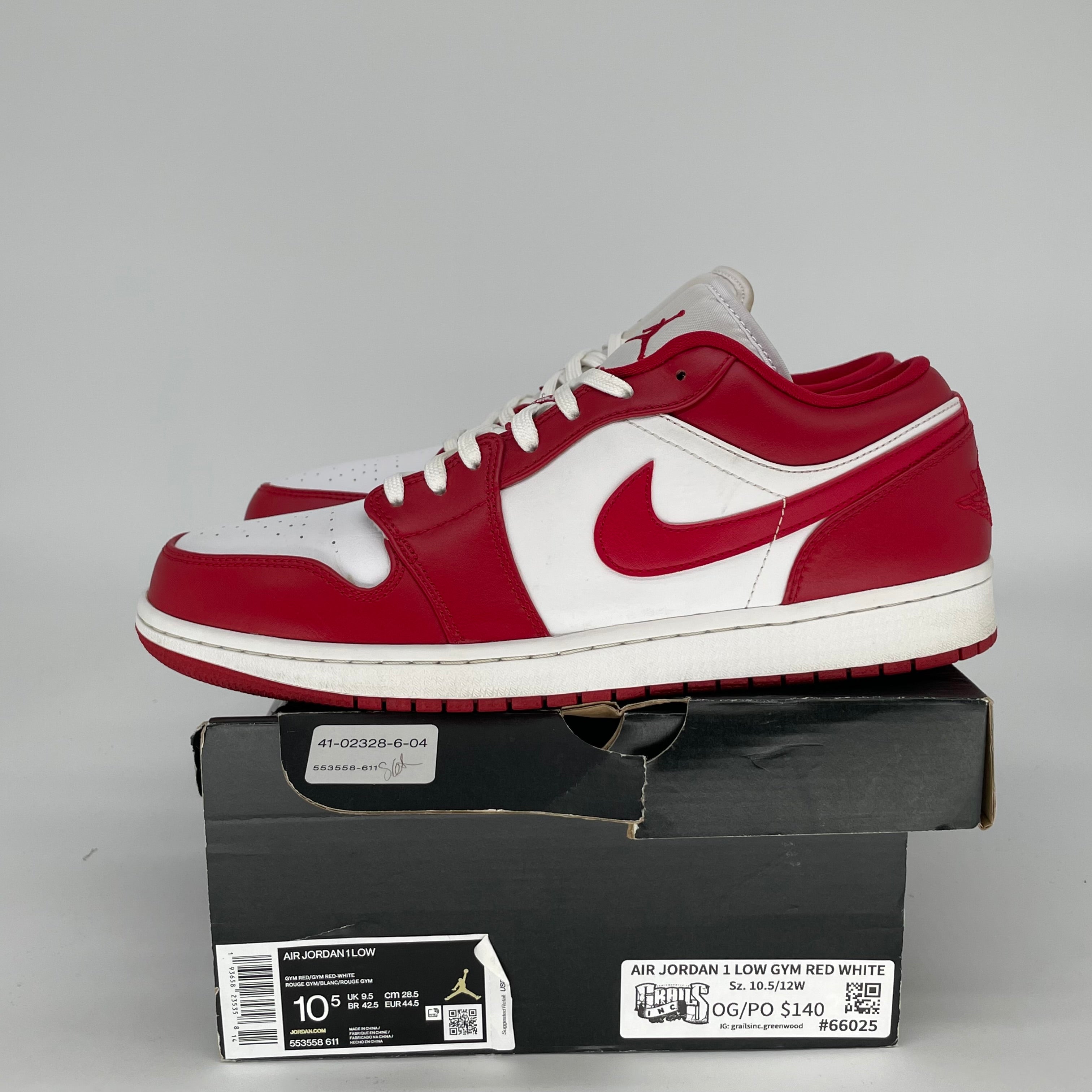 AIR JORDAN 1 LOW GYM RED WHITE SIZE 10.5 553558-611