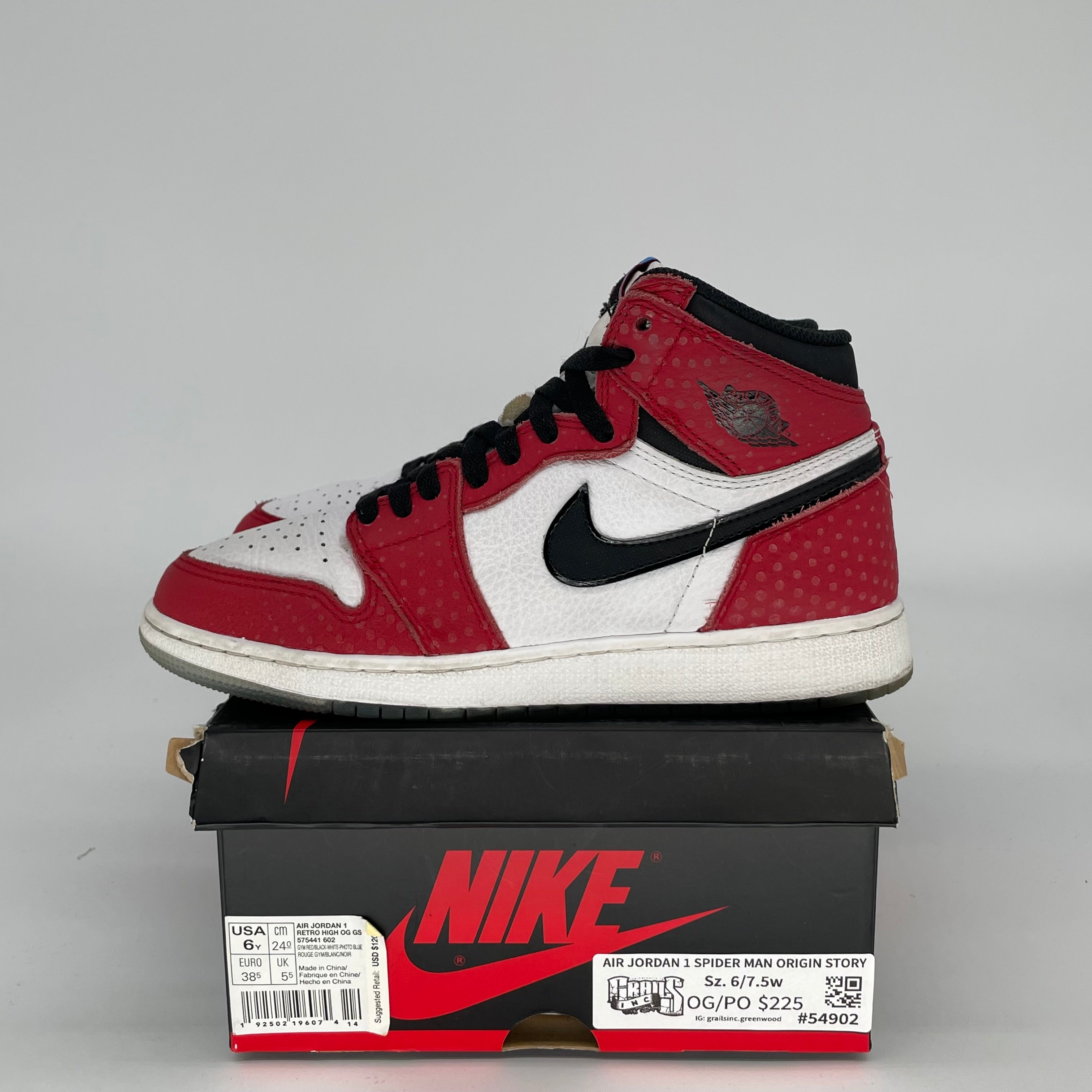 AIR JORDAN 1 SPIDER MAN ORIGIN STORY SIZE 6Y 575441-602