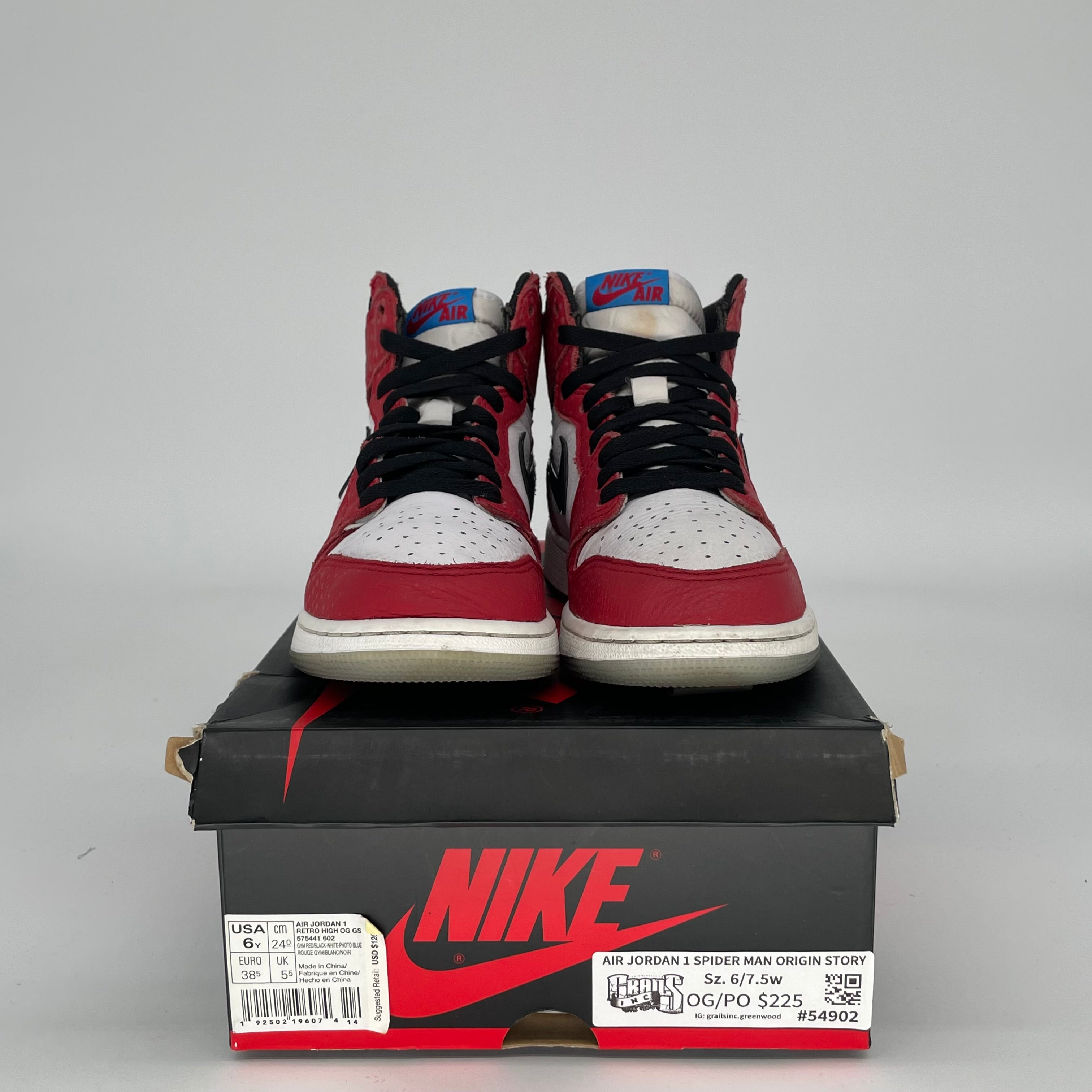 AIR JORDAN 1 SPIDER MAN ORIGIN STORY SIZE 6Y 575441-602