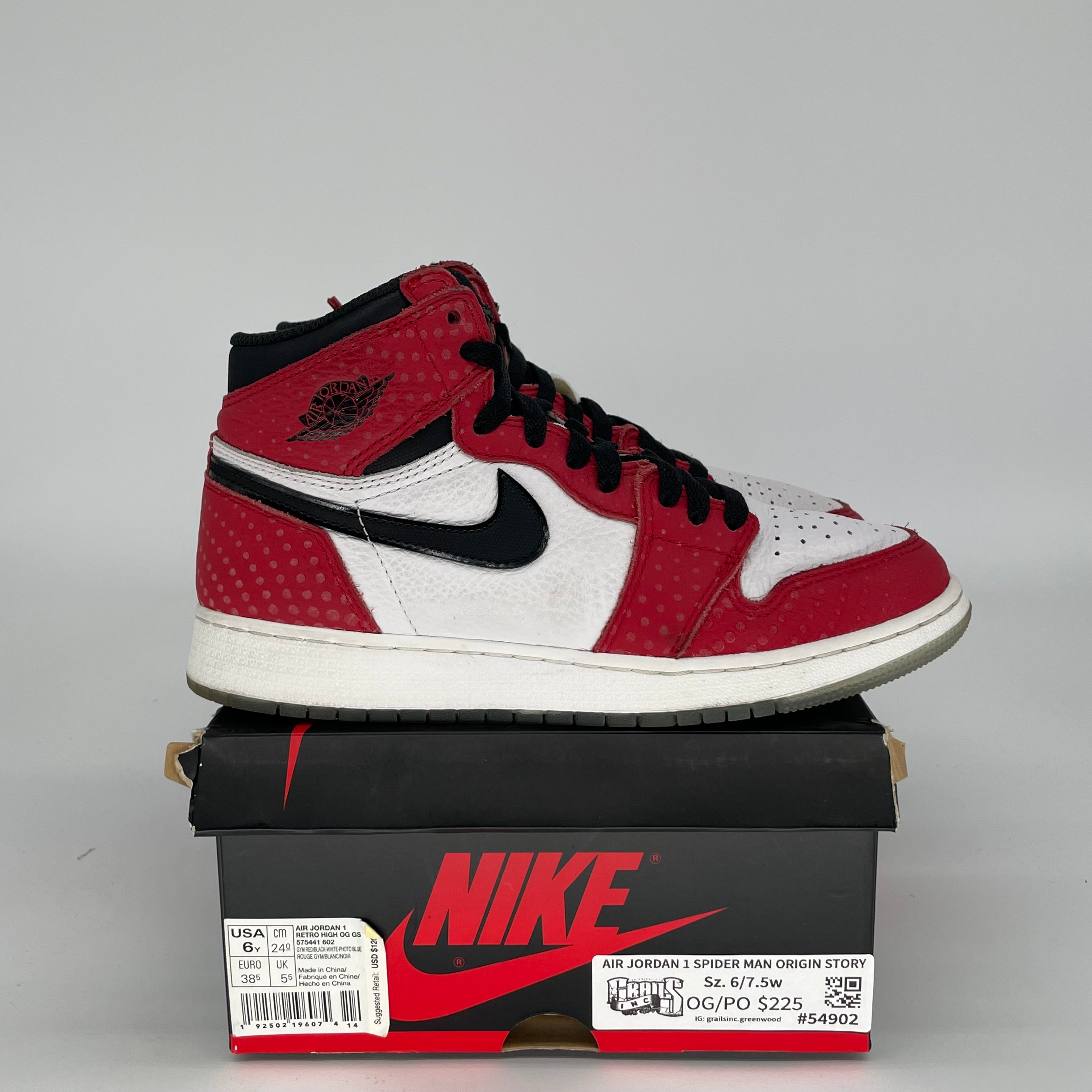 AIR JORDAN 1 SPIDER MAN ORIGIN STORY SIZE 6Y 575441-602