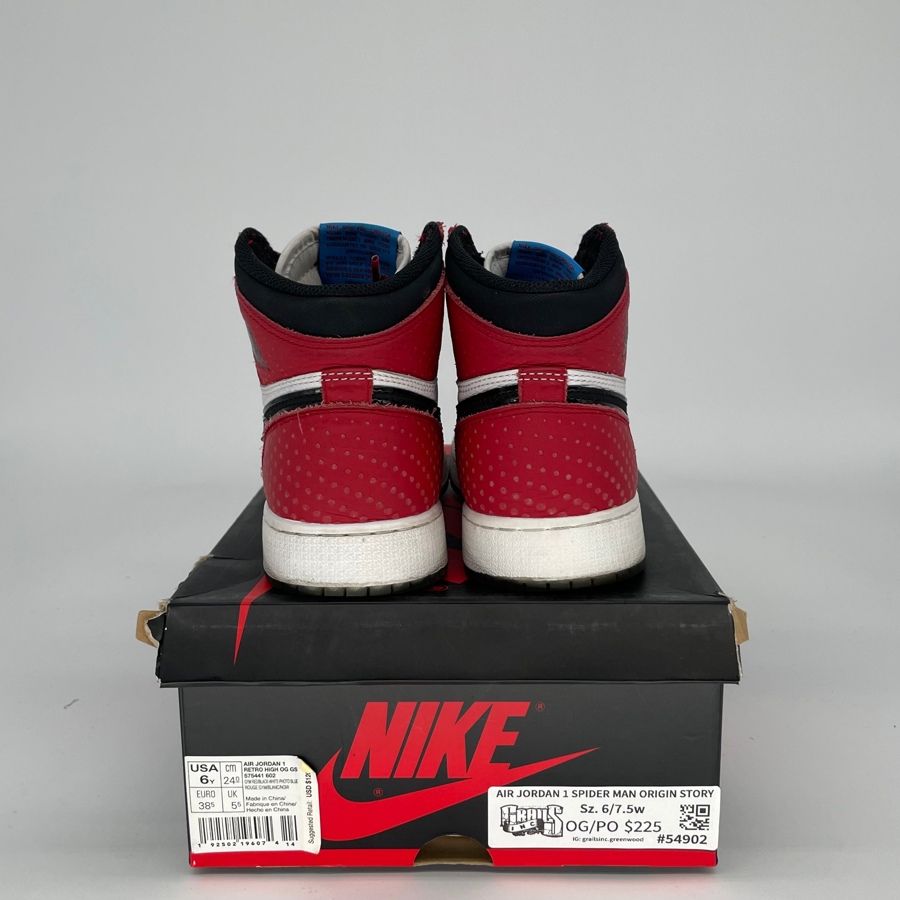 AIR JORDAN 1 SPIDER MAN ORIGIN STORY SIZE 6Y 575441-602