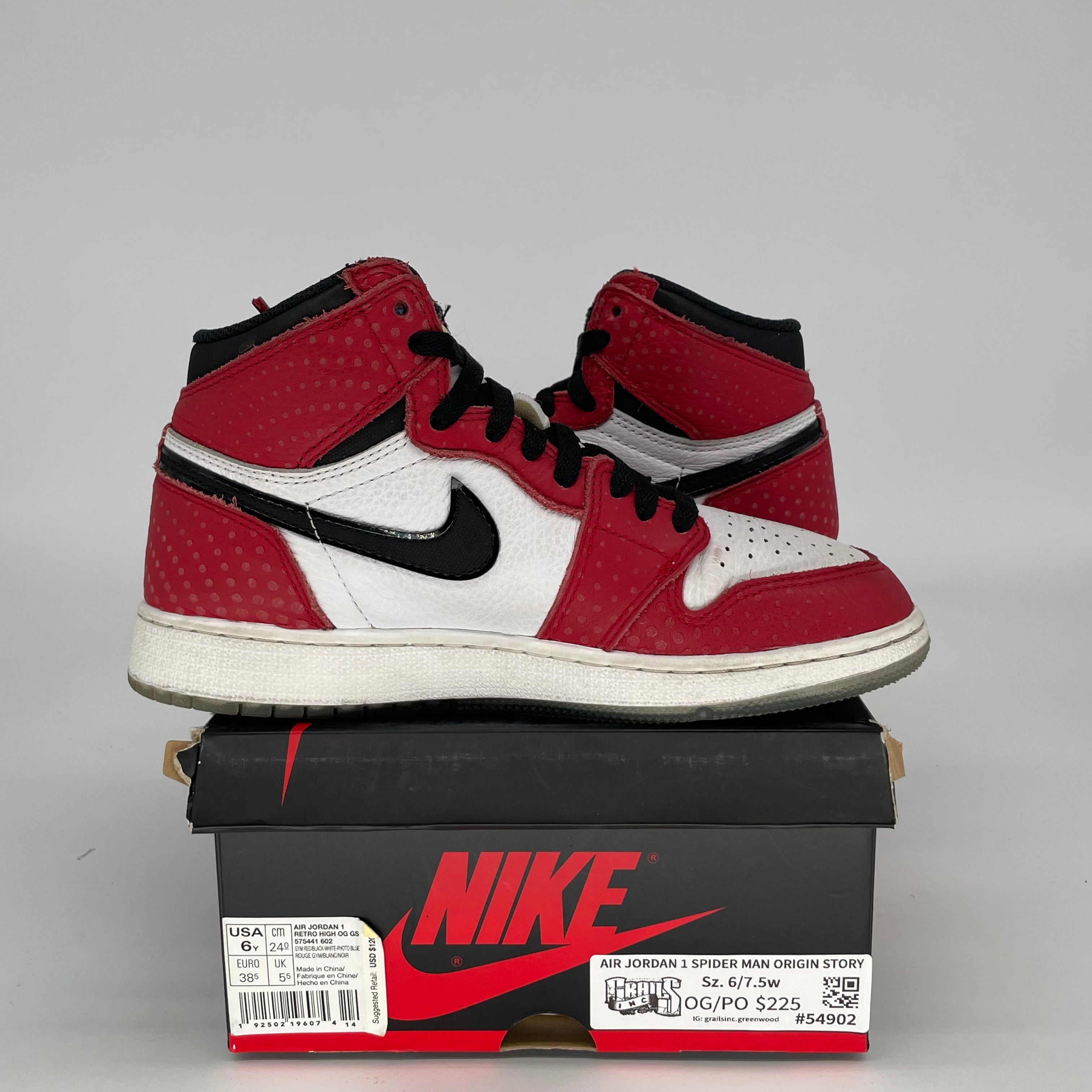 AIR JORDAN 1 SPIDER MAN ORIGIN STORY SIZE 6Y 575441-602