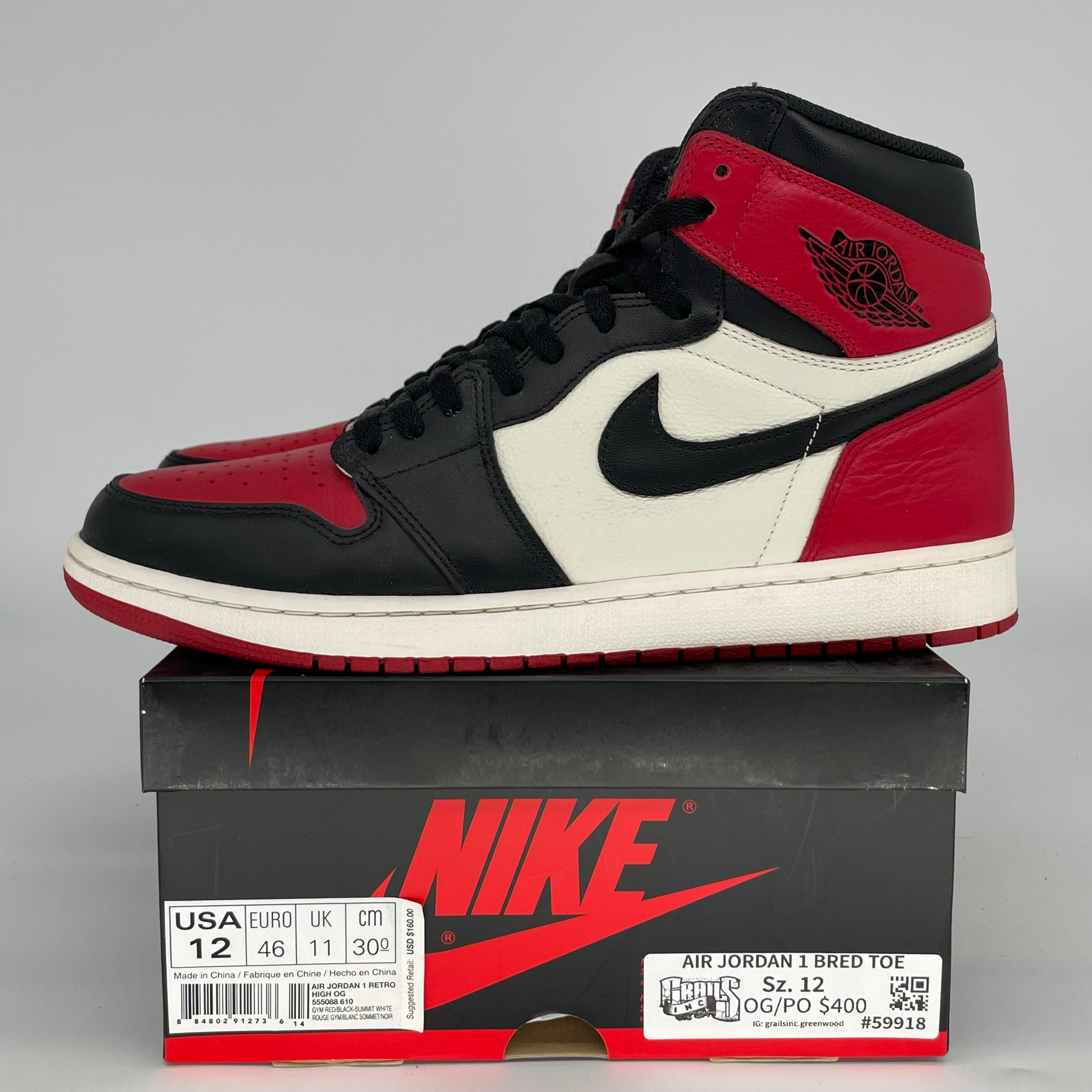 AIR JORDAN 1 BRED TOE SIZE 12 555088-610