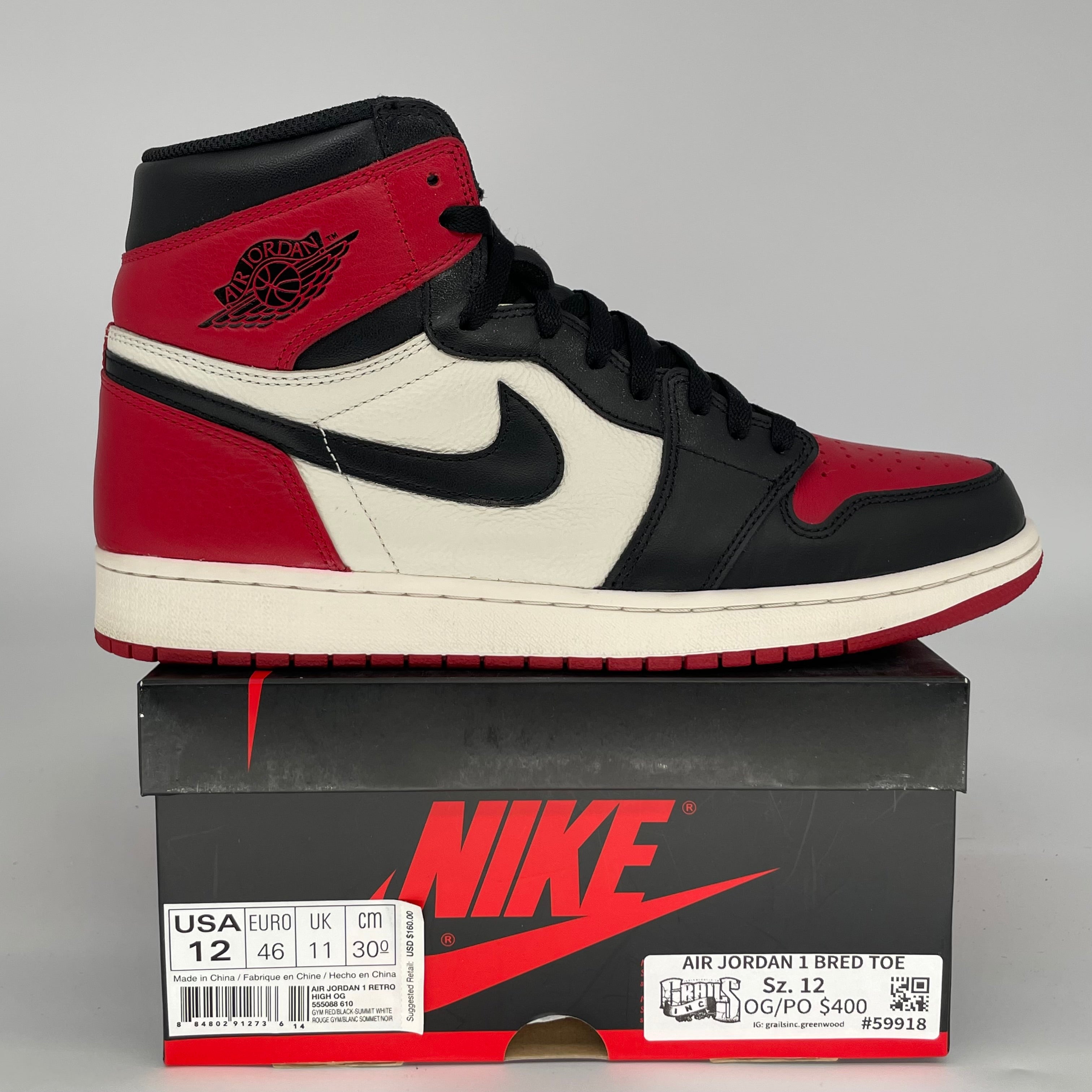 AIR JORDAN 1 BRED TOE SIZE 12 555088-610