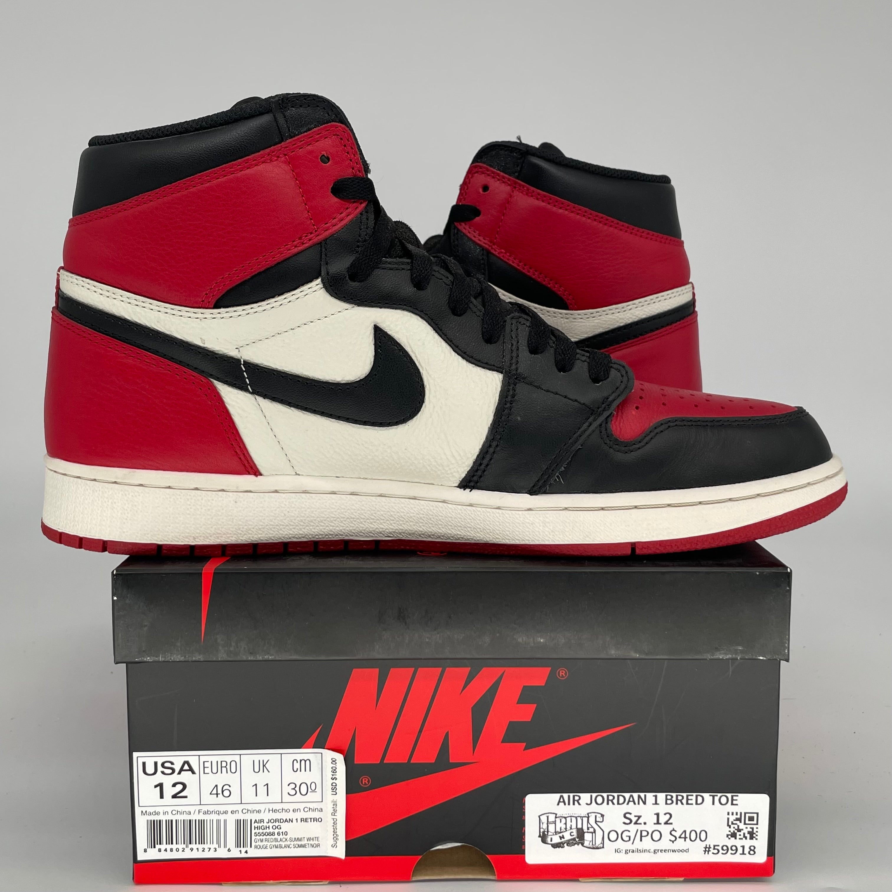 AIR JORDAN 1 BRED TOE SIZE 12 555088-610