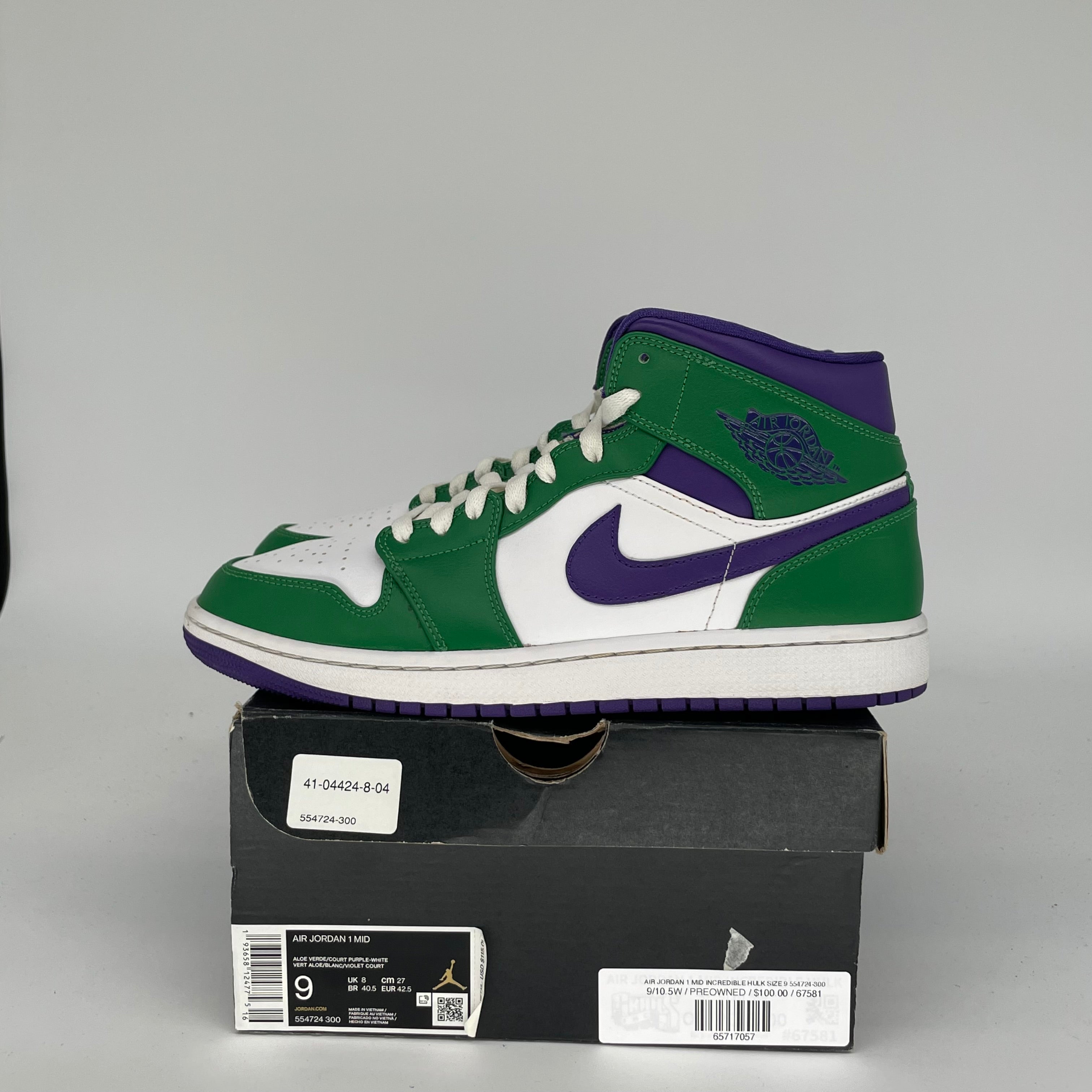 AIR JORDAN 1 MID INCREDIBLE HULK SIZE 9 554724-300