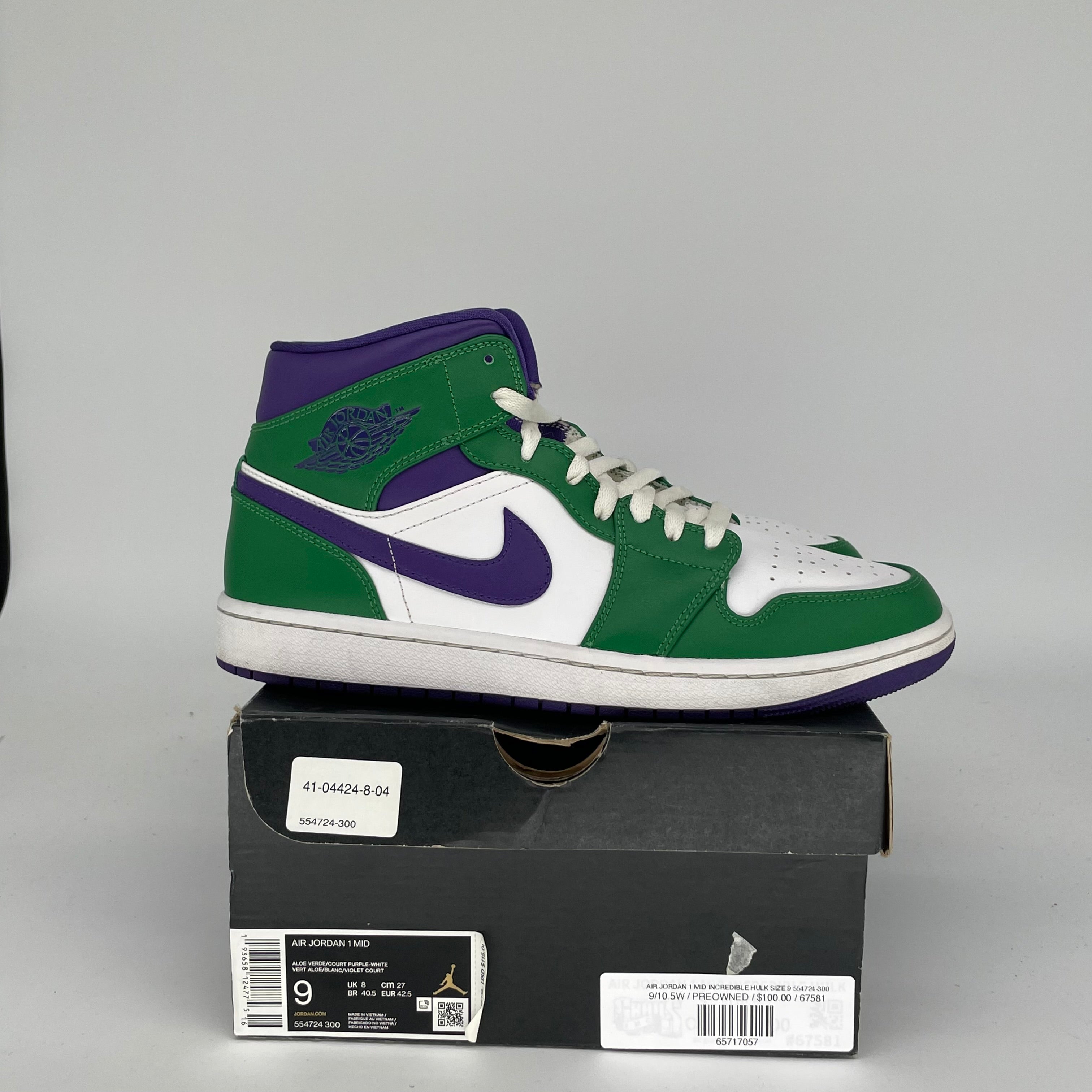 AIR JORDAN 1 MID INCREDIBLE HULK SIZE 9 554724-300