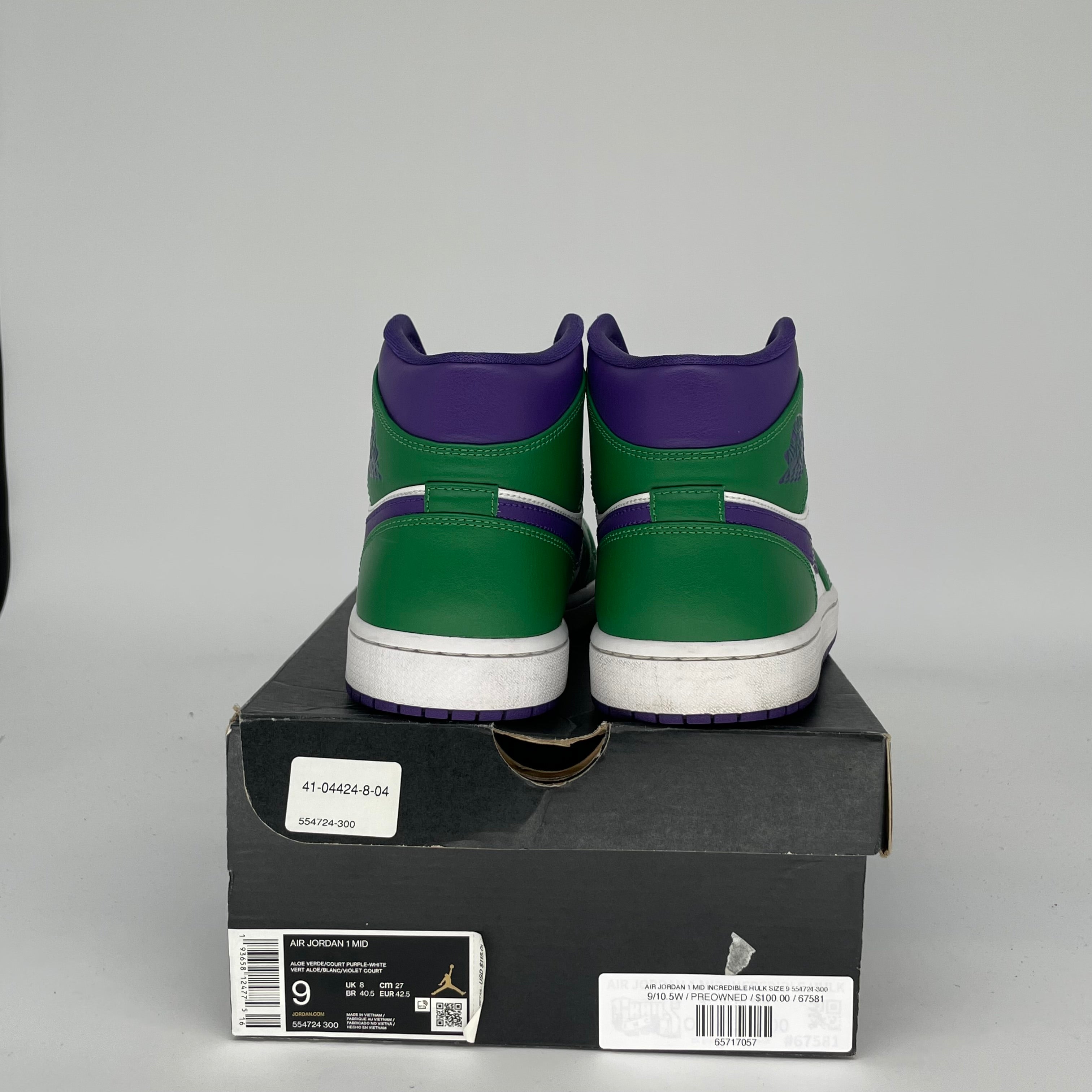 AIR JORDAN 1 MID INCREDIBLE HULK SIZE 9 554724-300