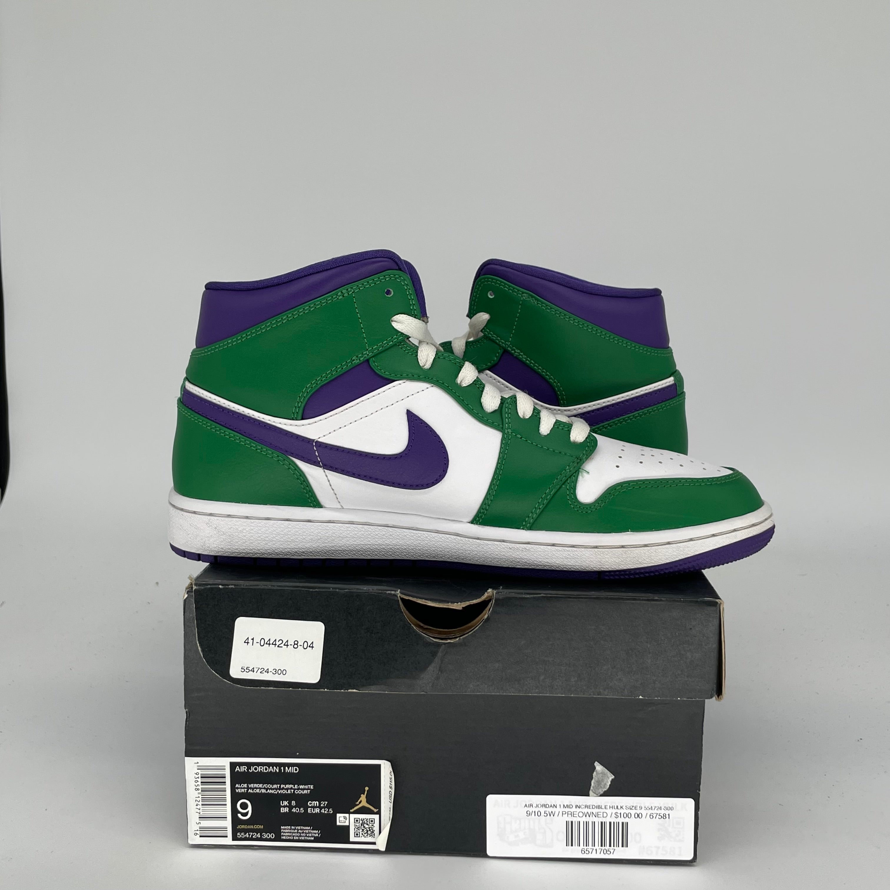 AIR JORDAN 1 MID INCREDIBLE HULK SIZE 9 554724-300