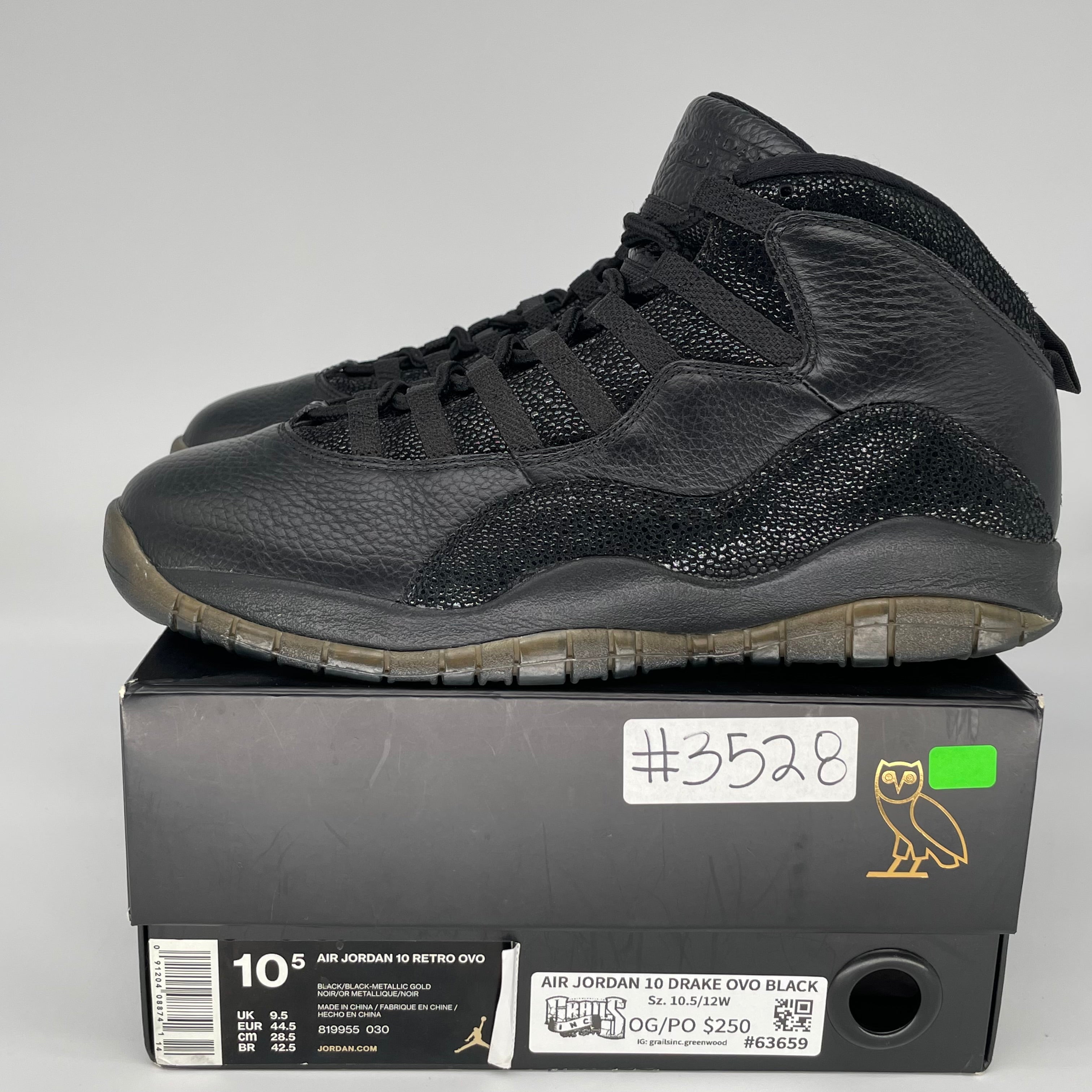 AIR JORDAN 10 DRAKE OVO BLACK SIZE 10.5 819955-030